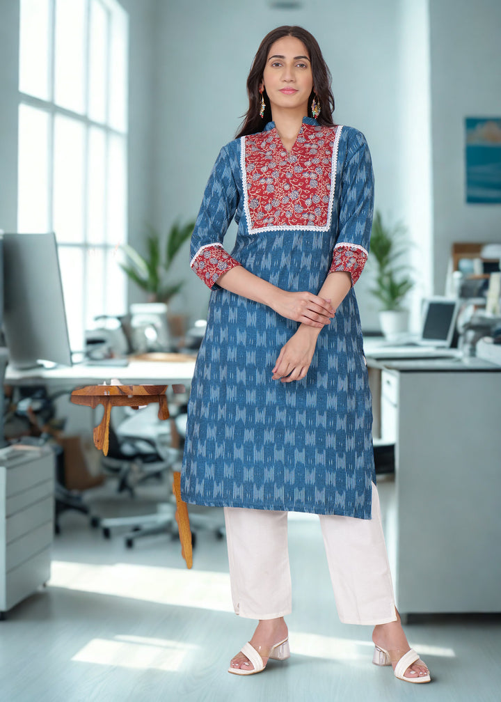Ajrakh Yoke Blue Ikat Straight Kurta