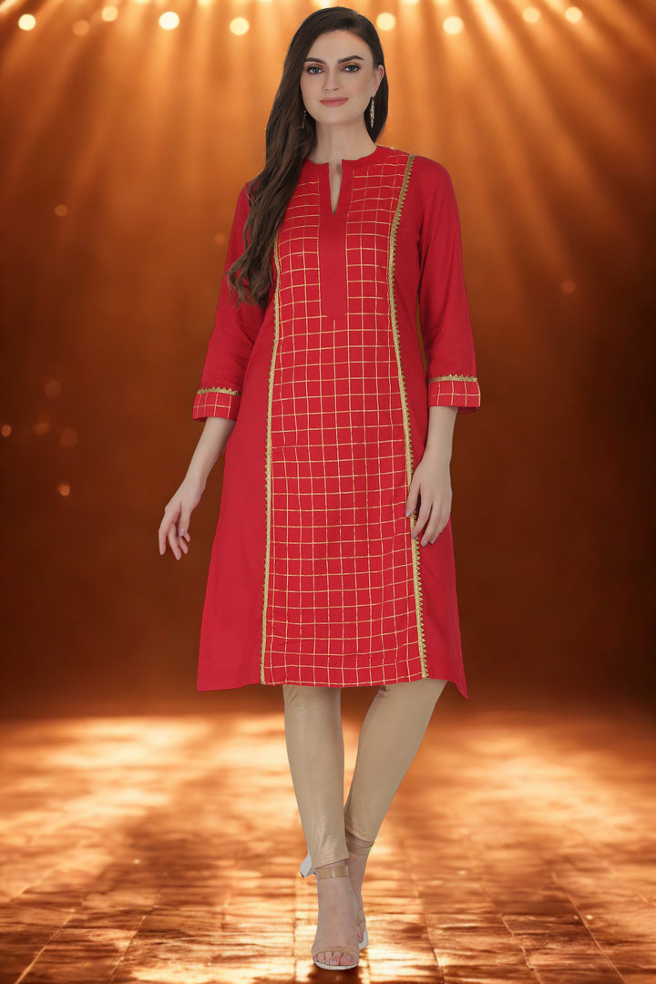 Red Cotton Checkered Straight Kurta