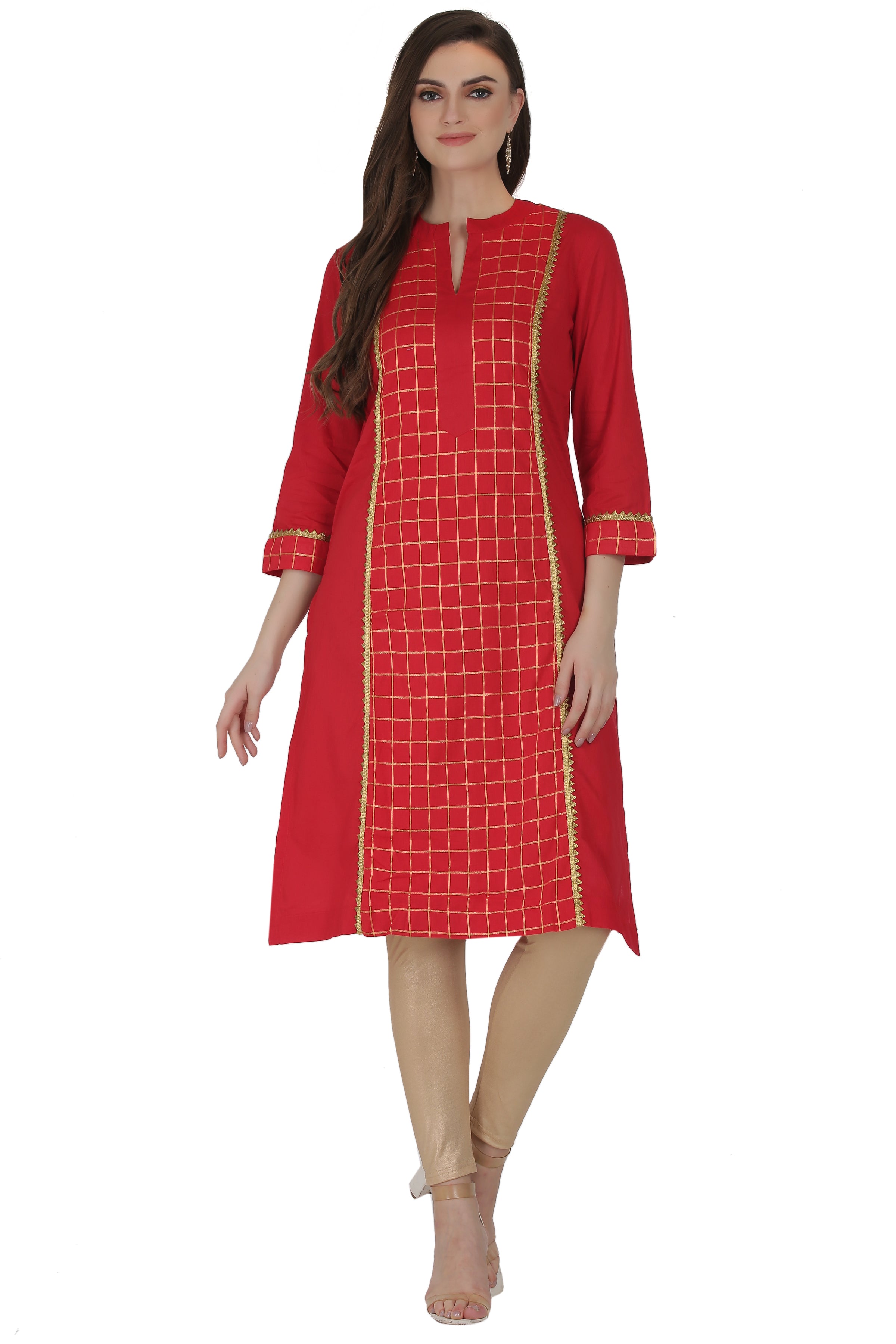 Red Cotton Checkered Straight Kurta