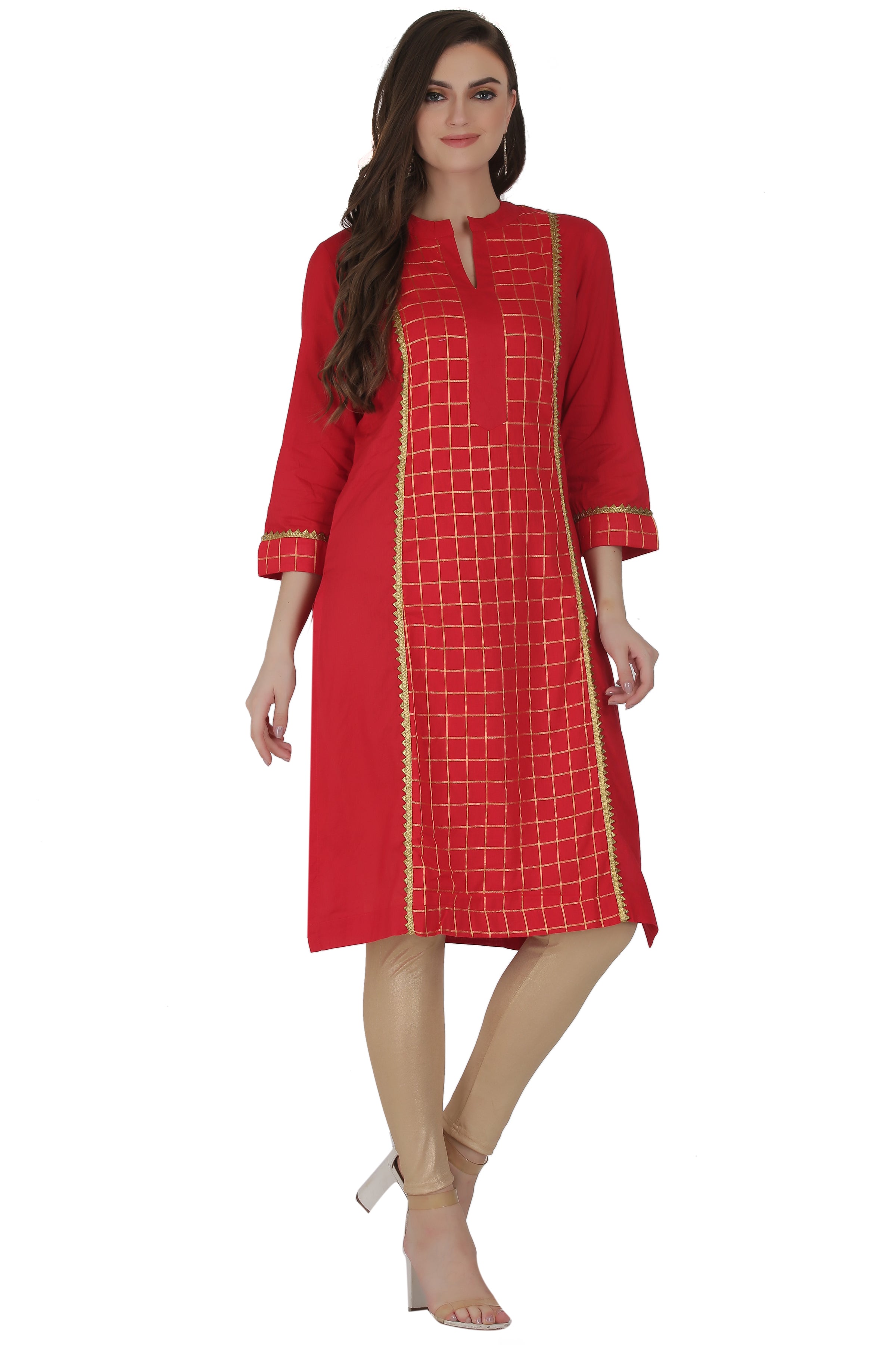 Red Cotton Checkered Straight Kurta