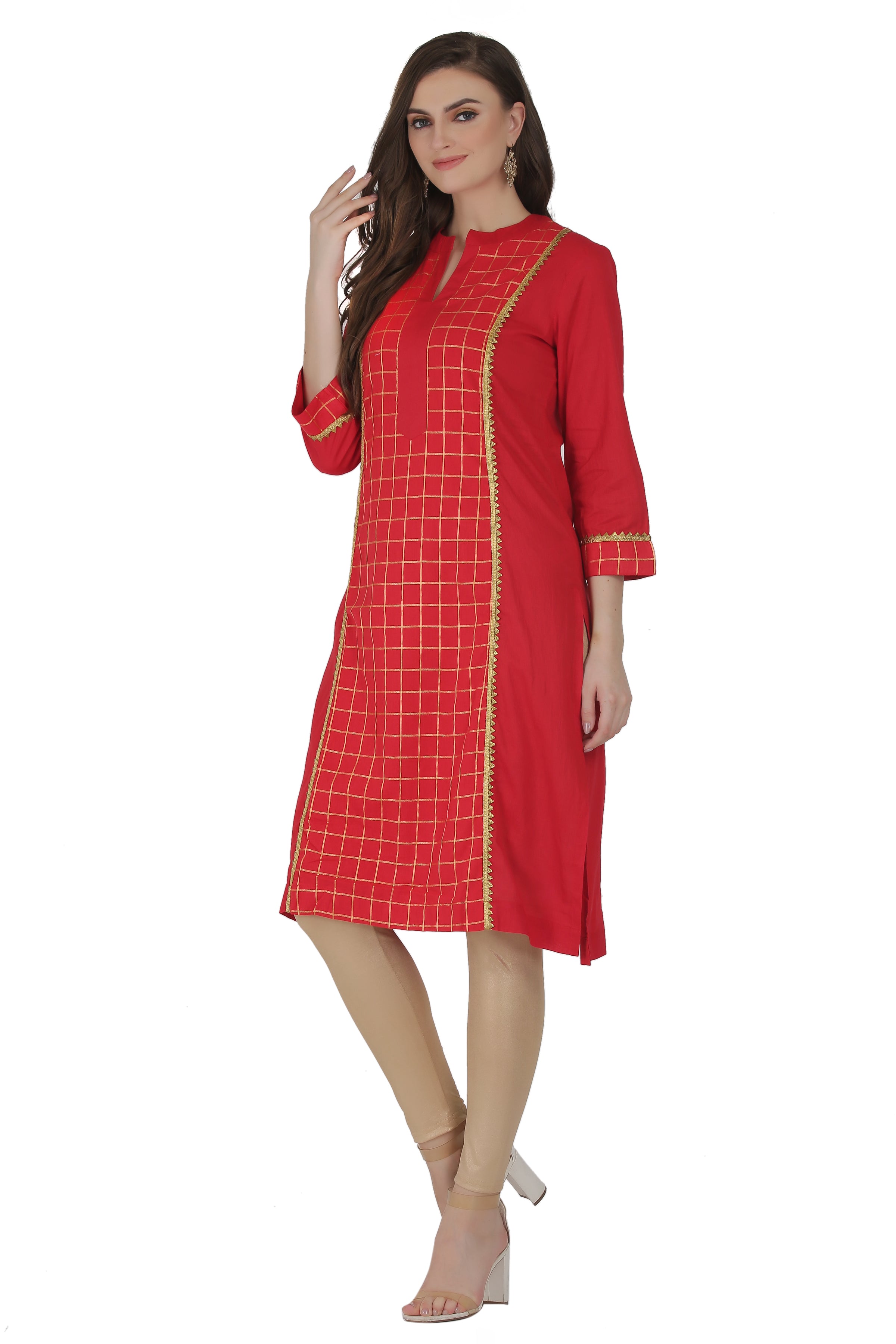 Red Cotton Checkered Straight Kurta