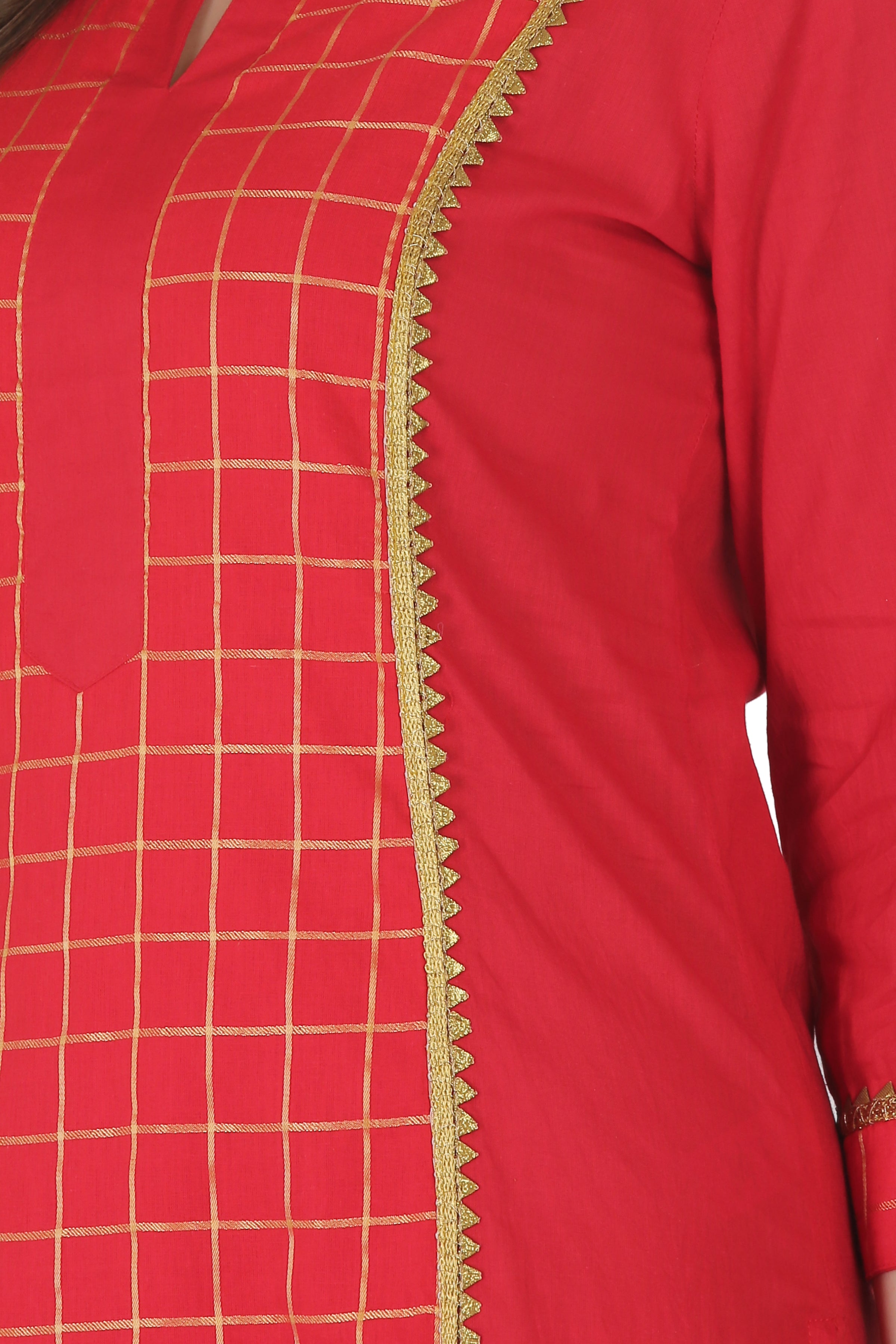 Red Cotton Checkered Straight Kurta
