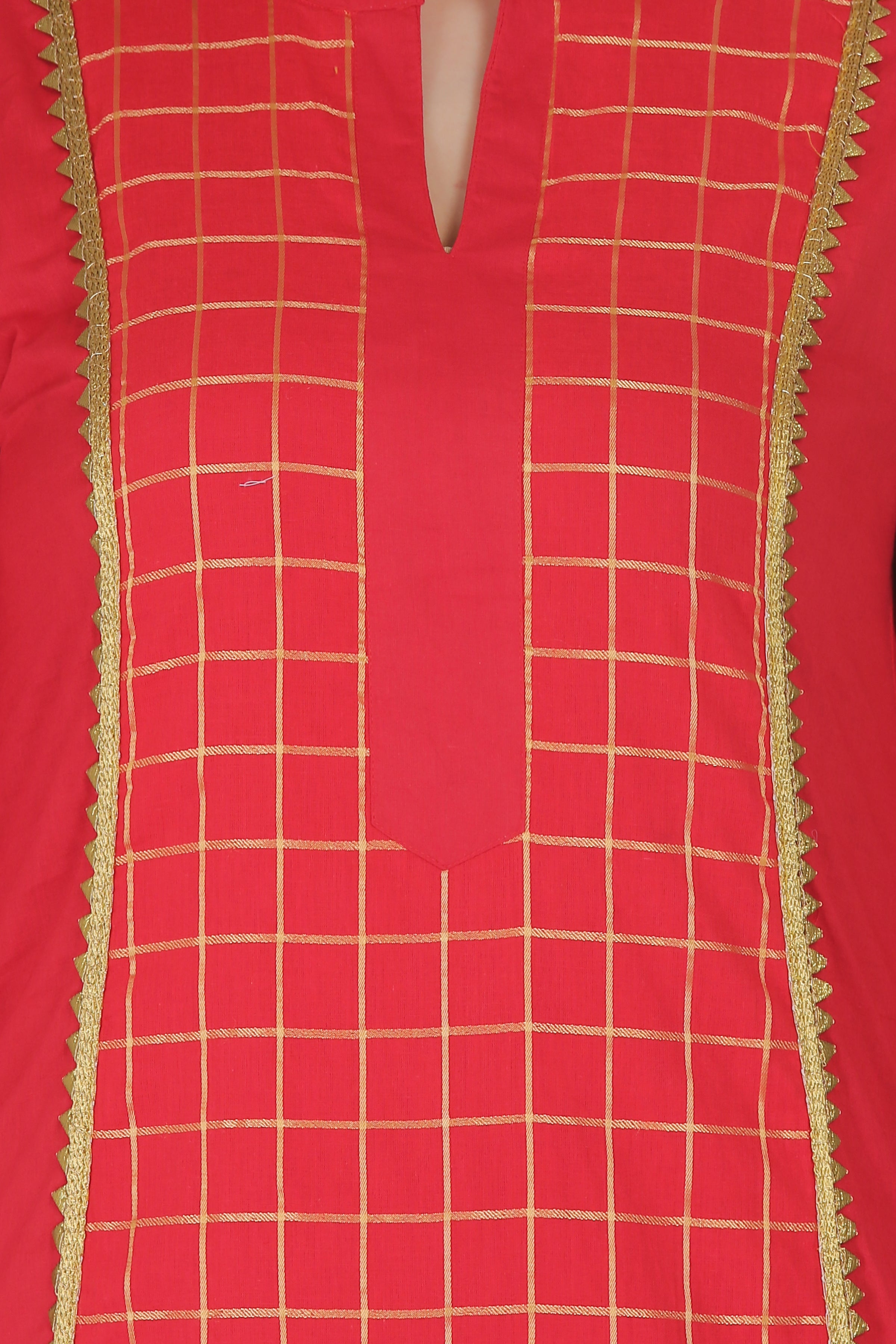 Red Cotton Checkered Straight Kurta
