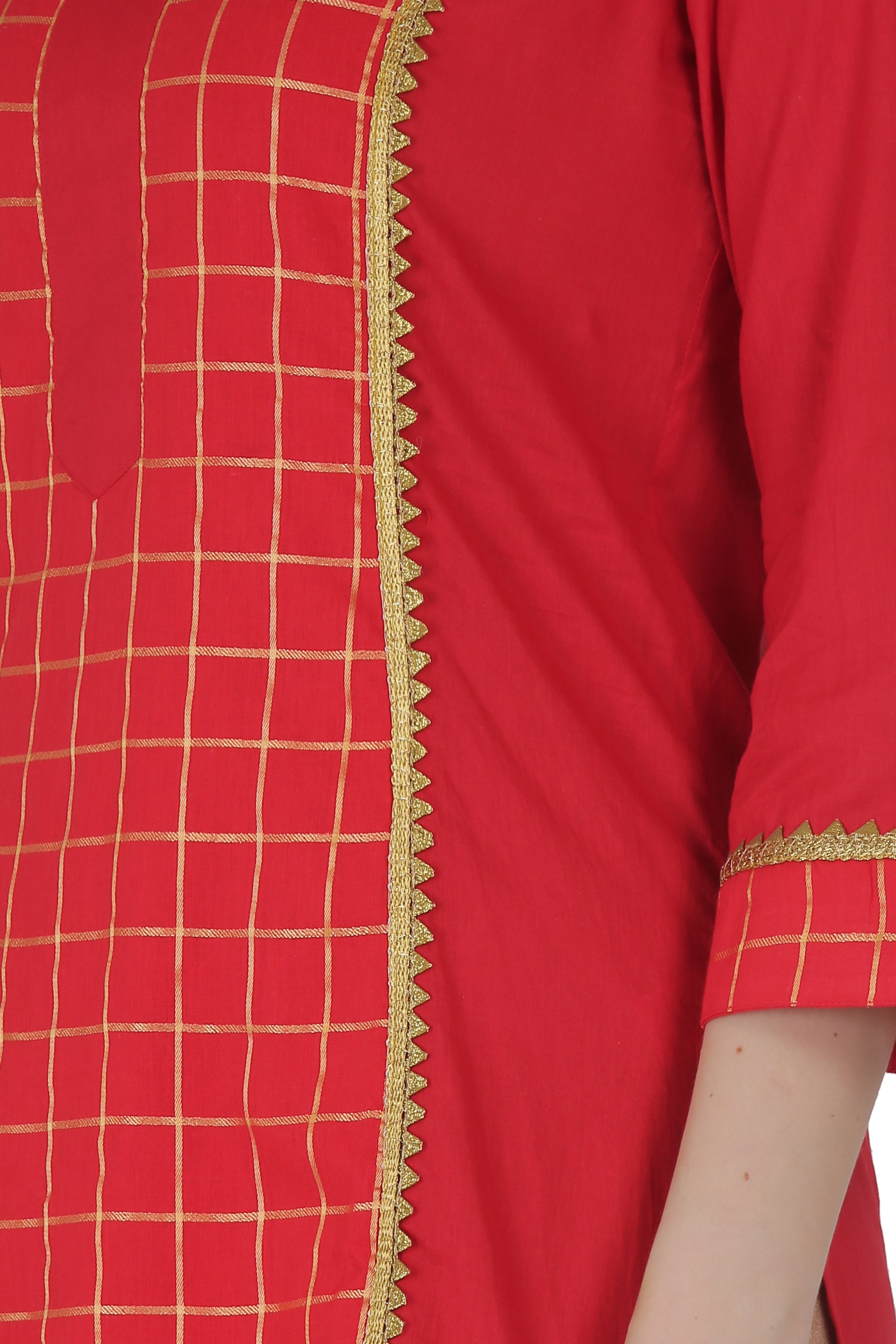 Red Cotton Checkered Straight Kurta