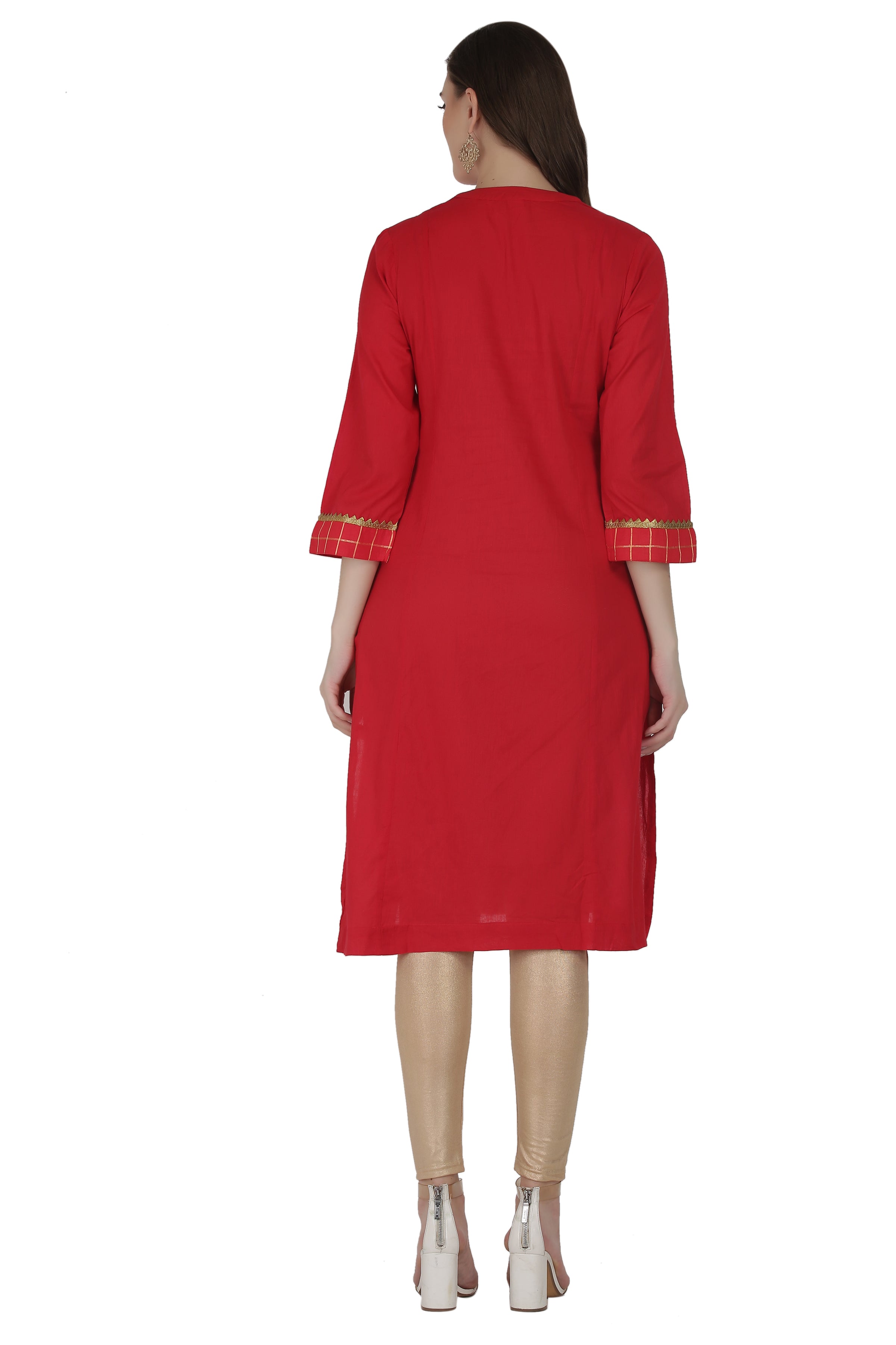 Red Cotton Checkered Straight Kurta