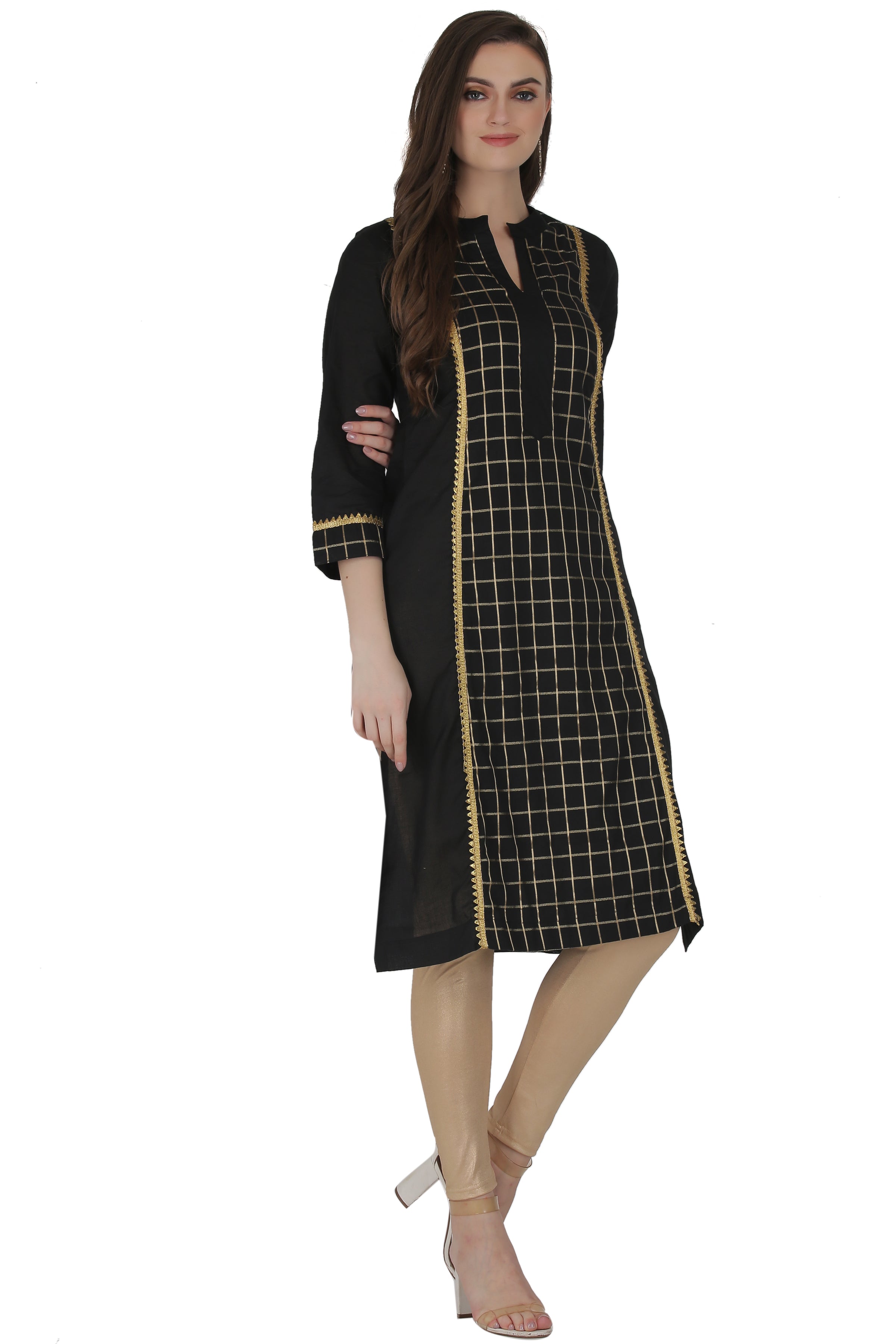 Red Cotton Checkered Straight Kurta