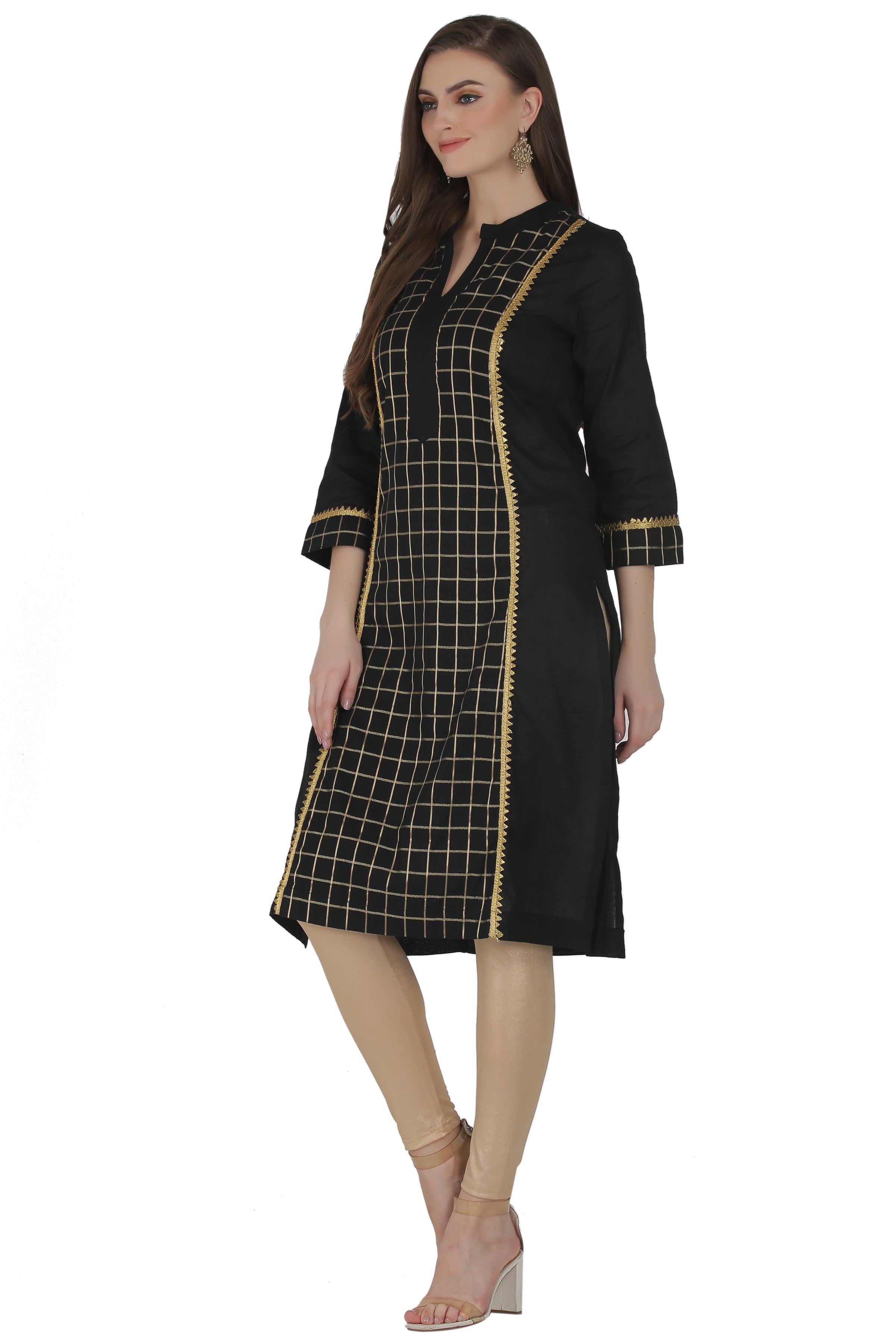 Red Cotton Checkered Straight Kurta