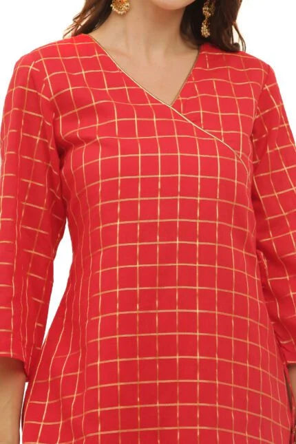 Red Cotton Angrakha Style Kurta