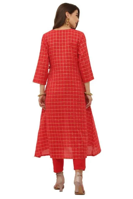 Red Cotton Angrakha Style Kurta