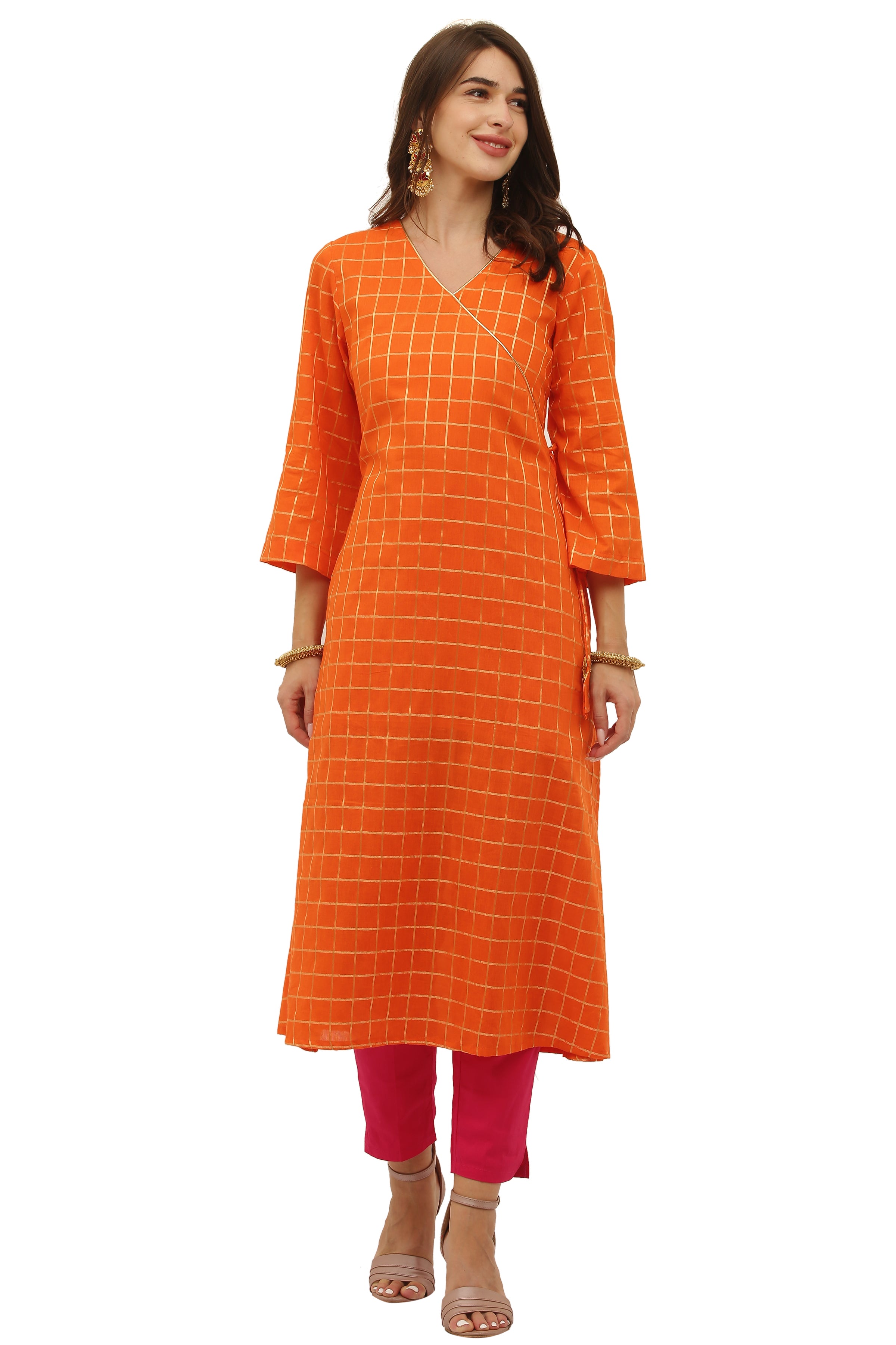 Red Cotton Angrakha Style Kurta