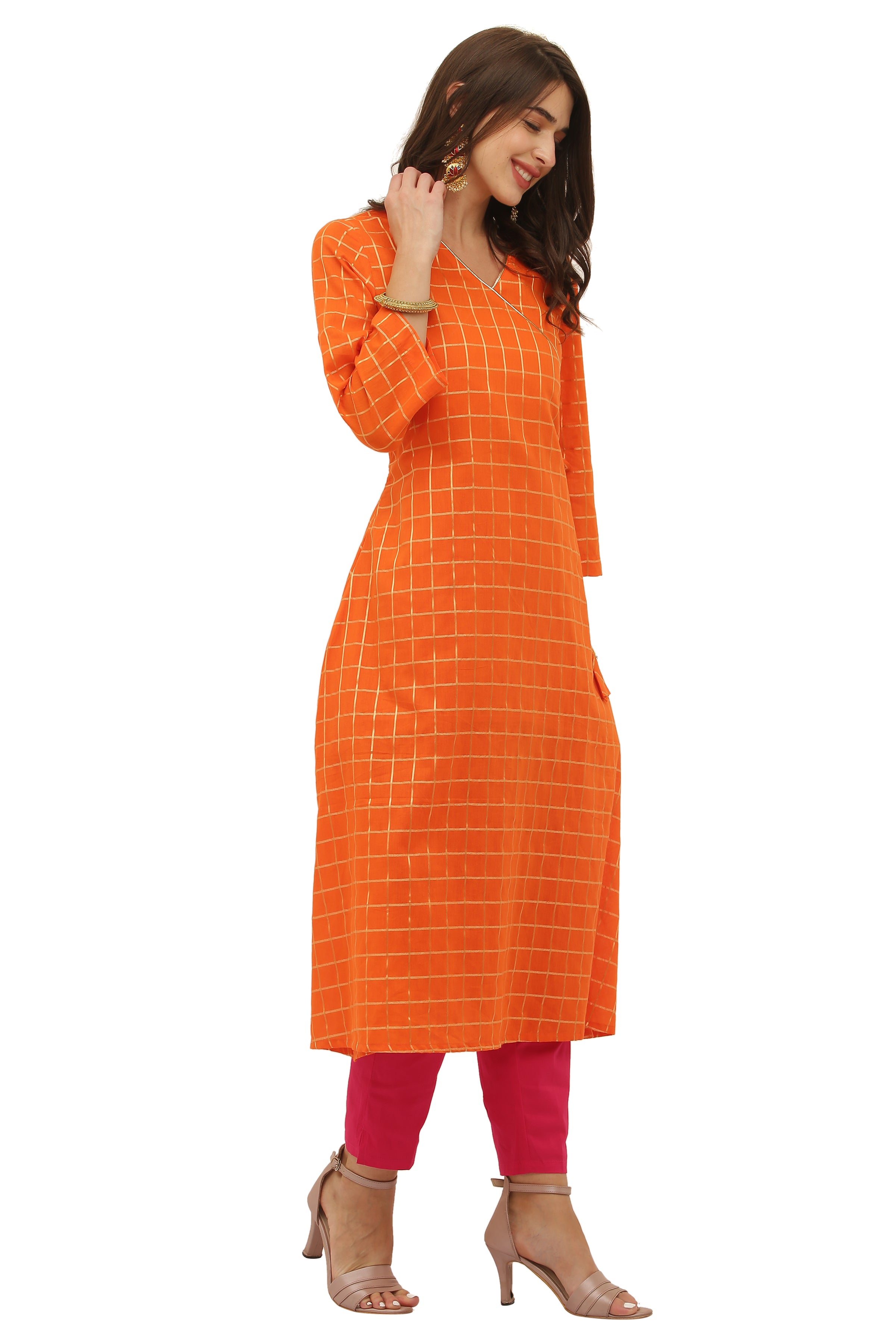 Red Cotton Angrakha Style Kurta