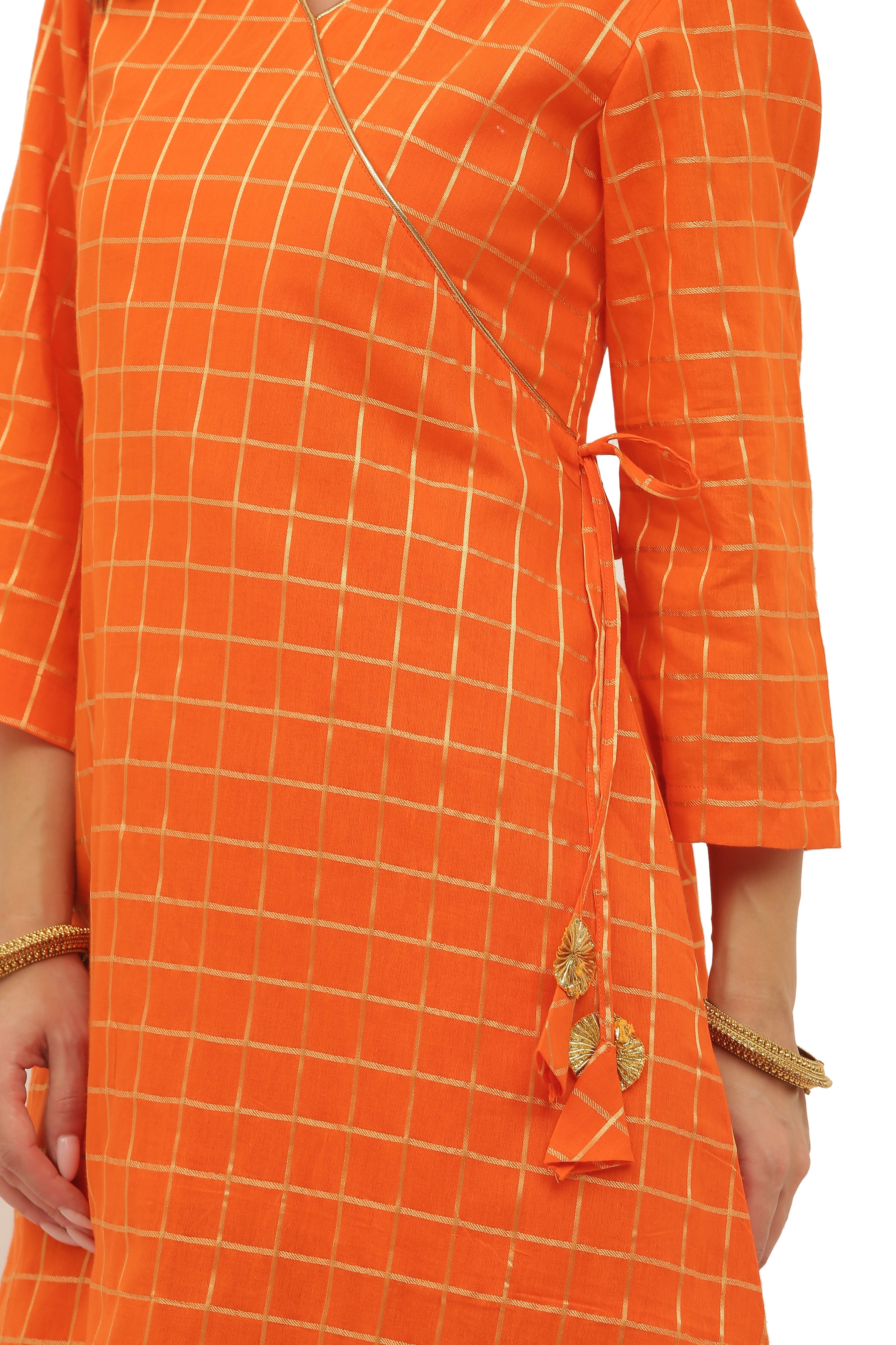 Red Cotton Angrakha Style Kurta