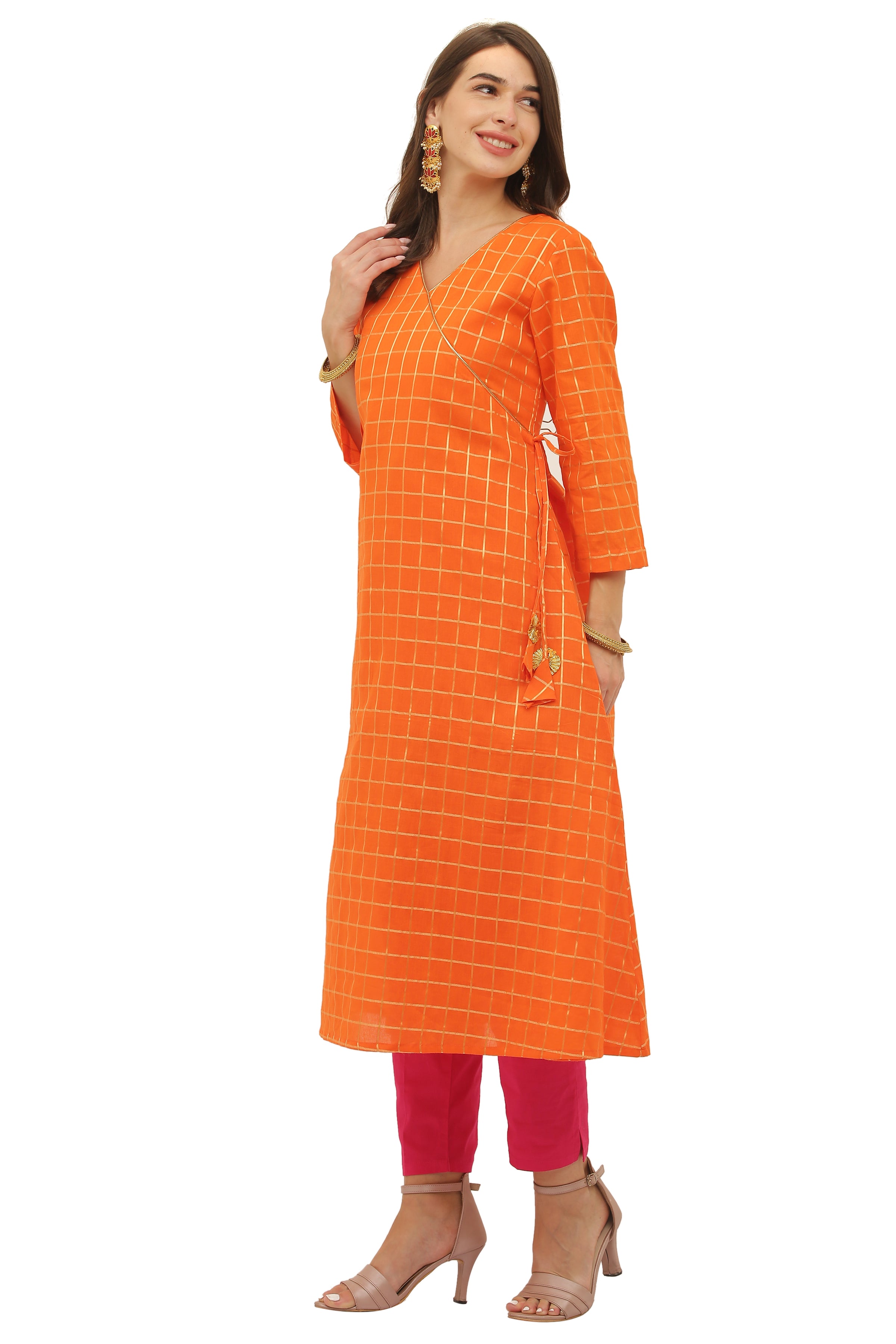 Red Cotton Angrakha Style Kurta