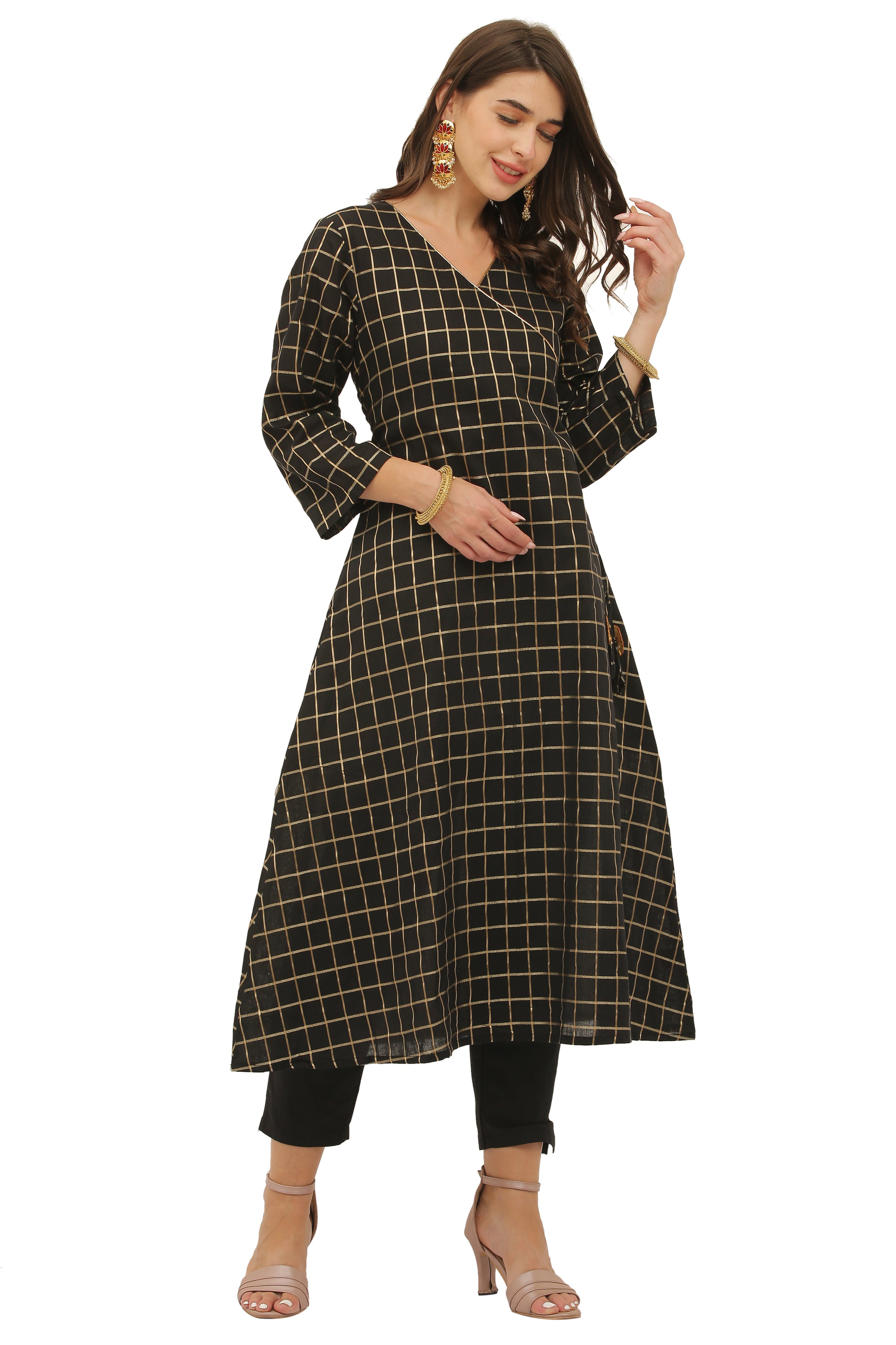 Red Cotton Angrakha Style Kurta