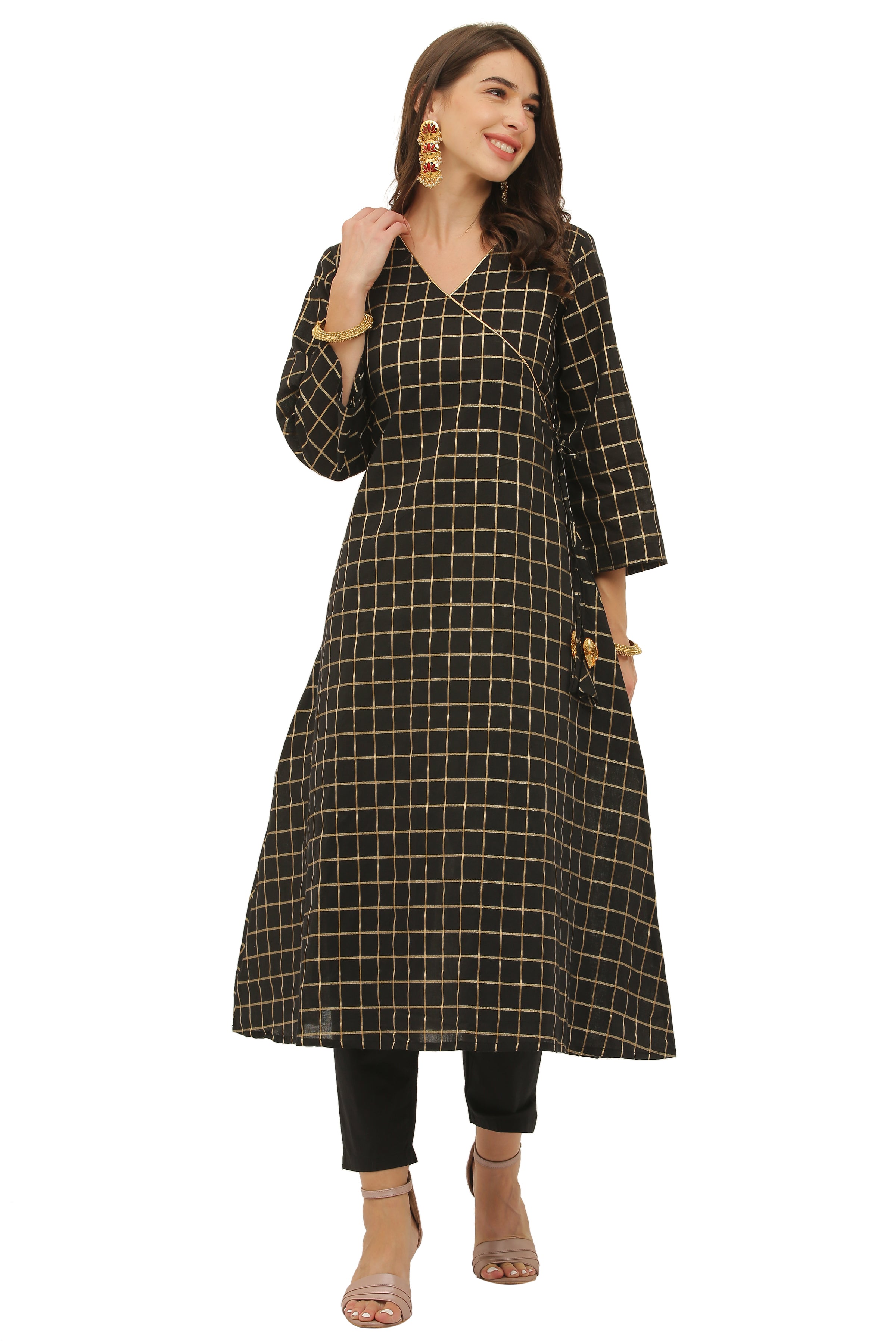 Red Cotton Angrakha Style Kurta