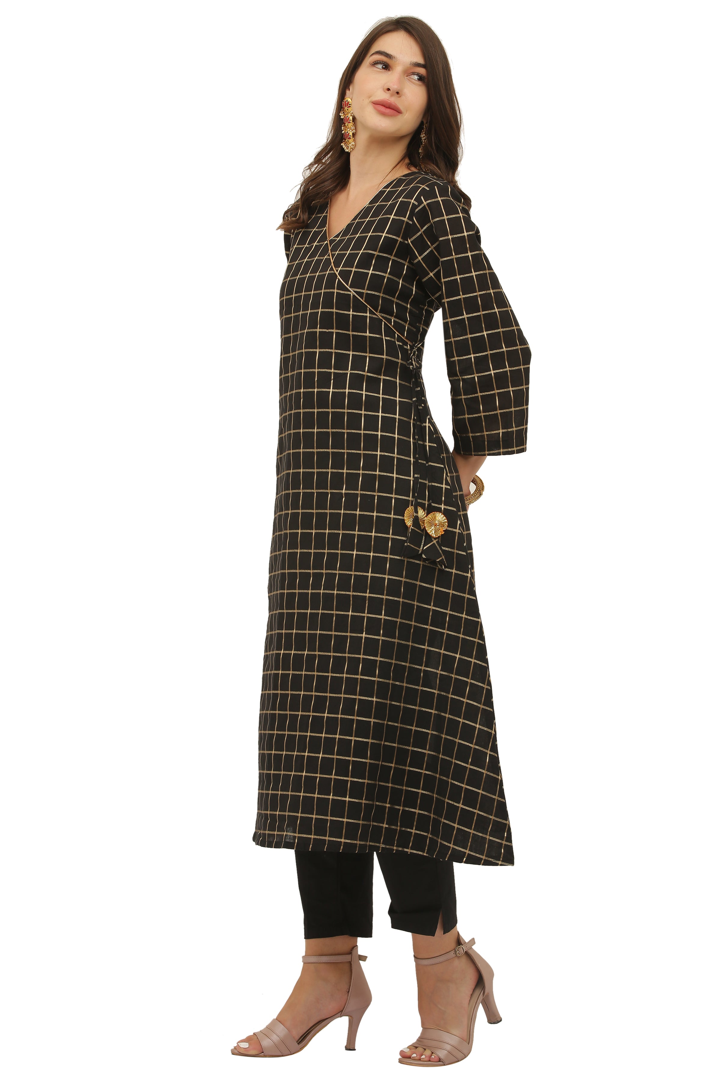 Red Cotton Angrakha Style Kurta