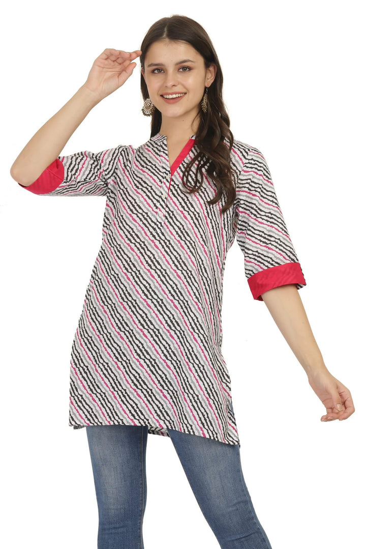 Pink Lehariya Cotton Short Kurti