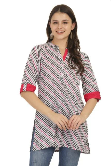 Pink Lehariya Cotton Short Kurti