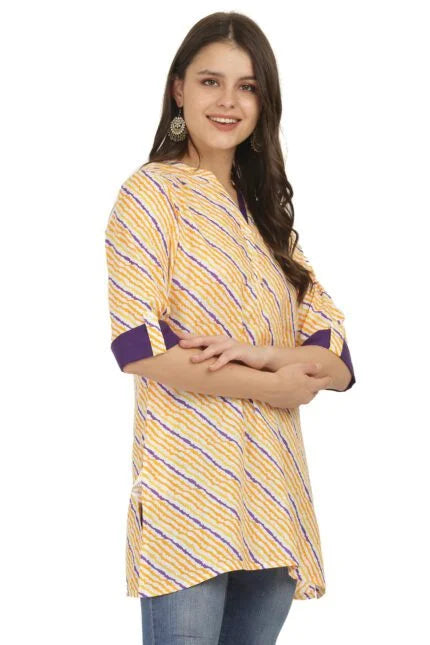 Mustard Lehariya Cotton Short Kurti