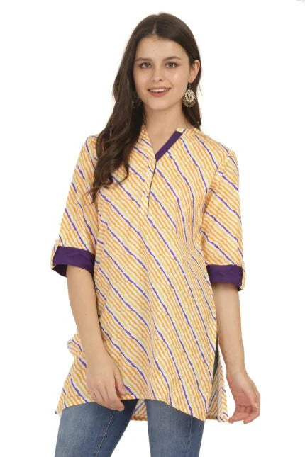 Mustard Lehariya Cotton Short Kurti