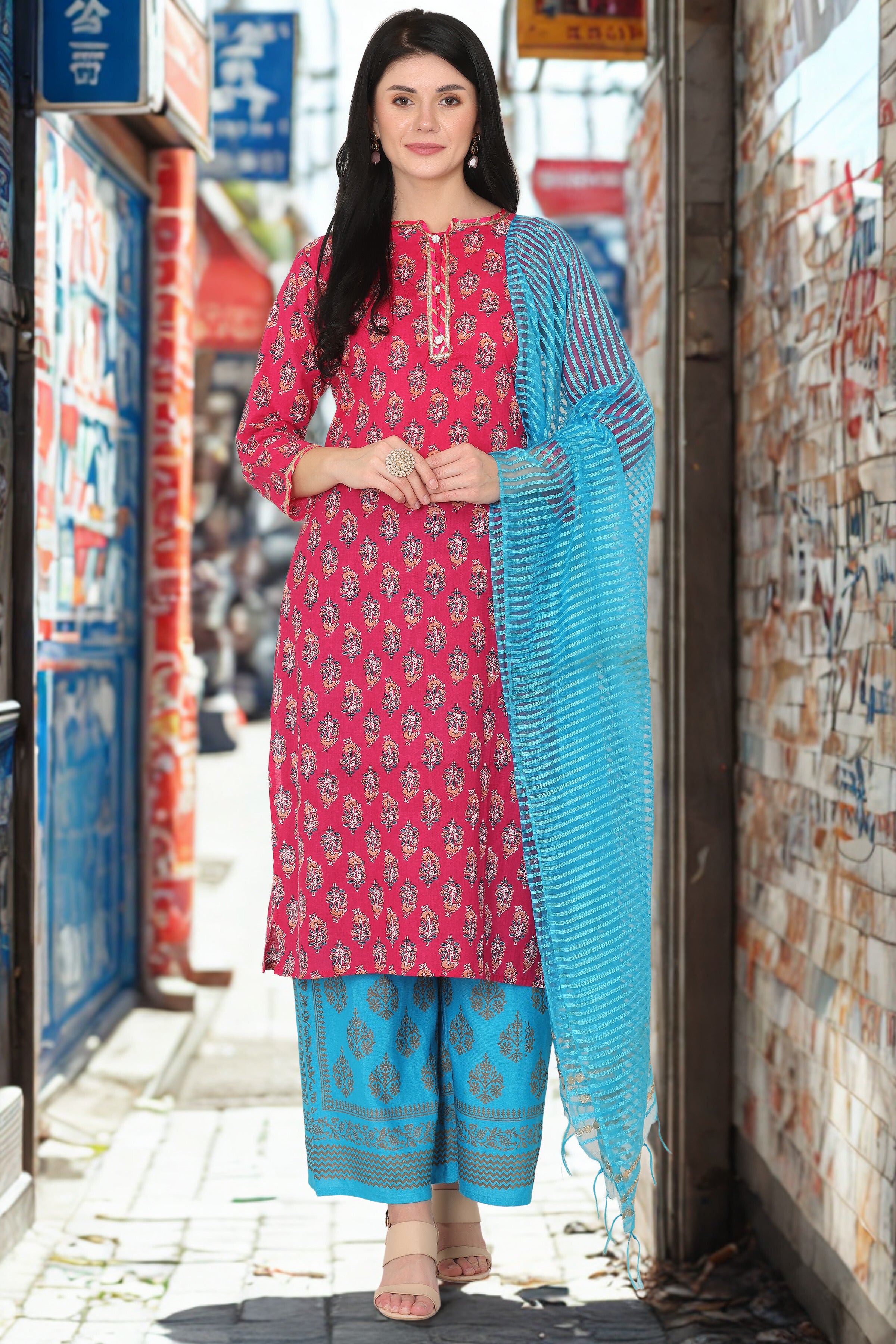 Majenta Colour Cotton Straight Kurta
