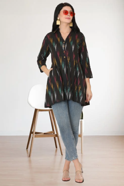 Black Ikkat Cotton A line Short Top