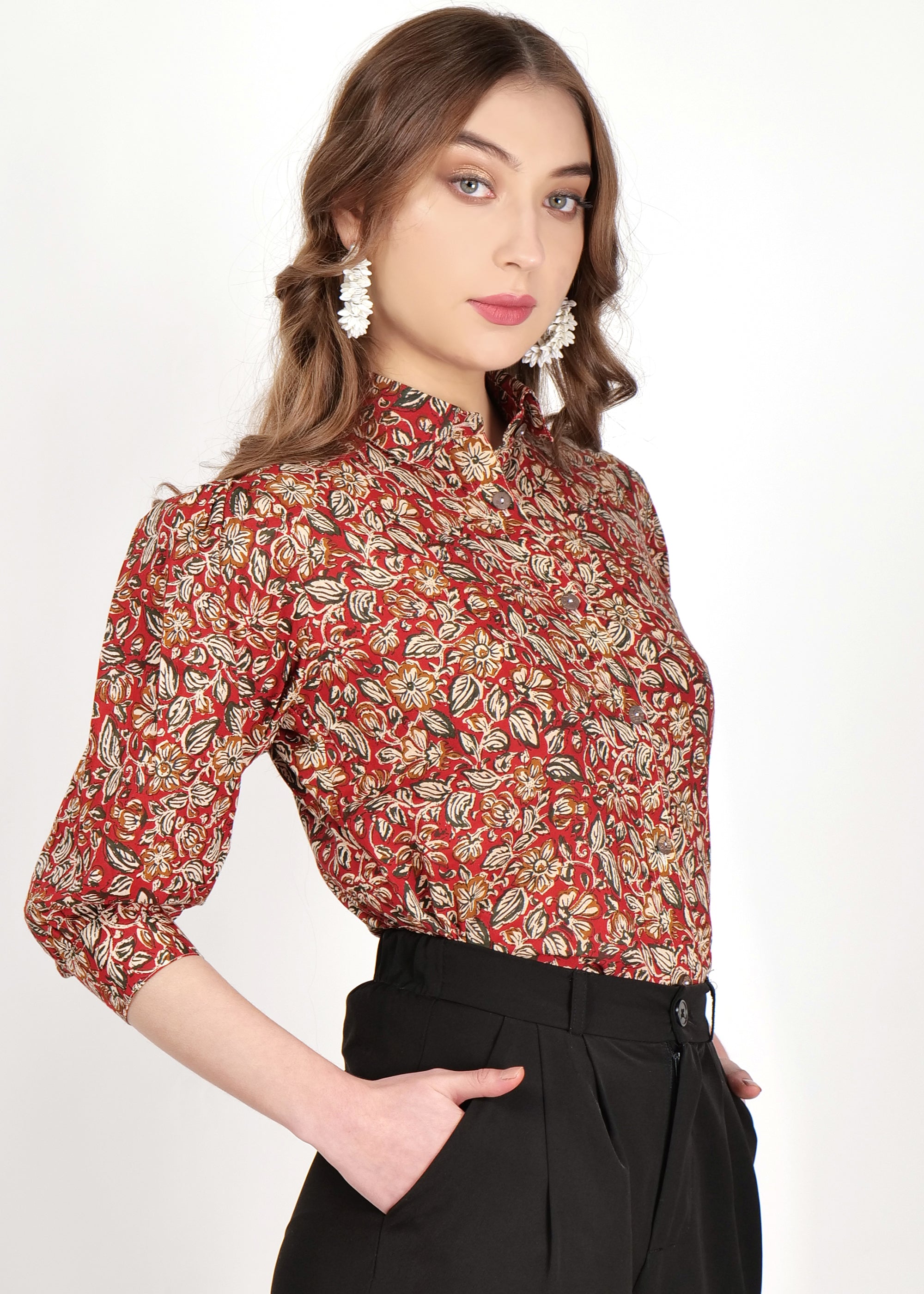 Red Kalamkari Cotton Shirt with 3/4 Sleeves )