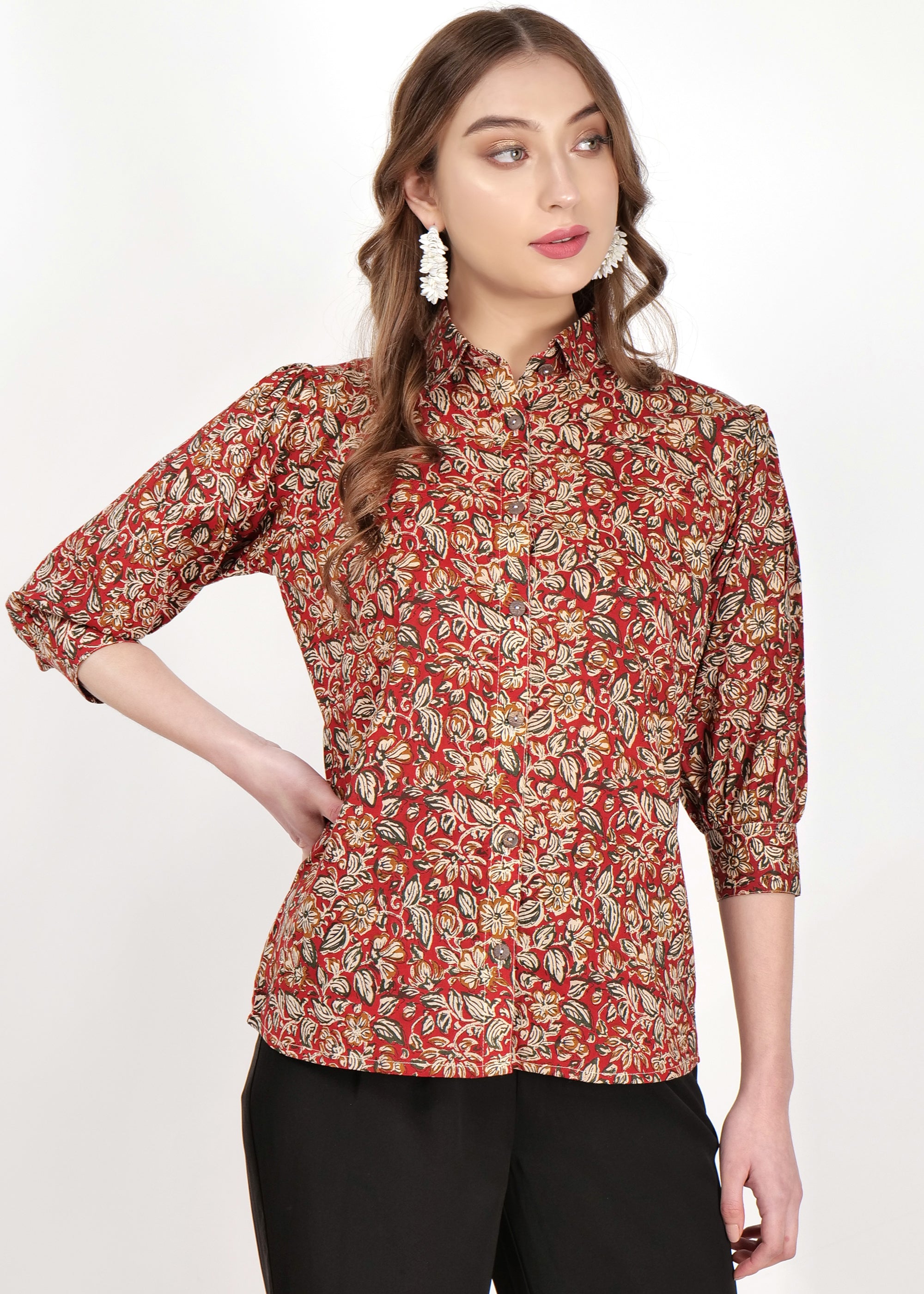 Cotton Shirt with 3/4 Sleeves