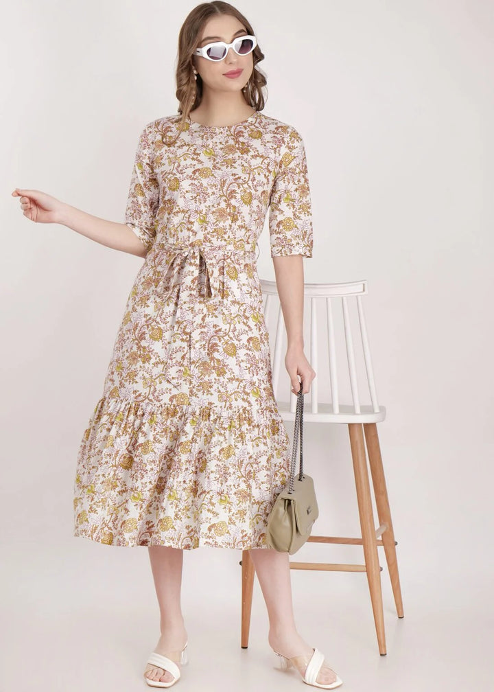 Cotton Mustard Colour Flared Hem Dress