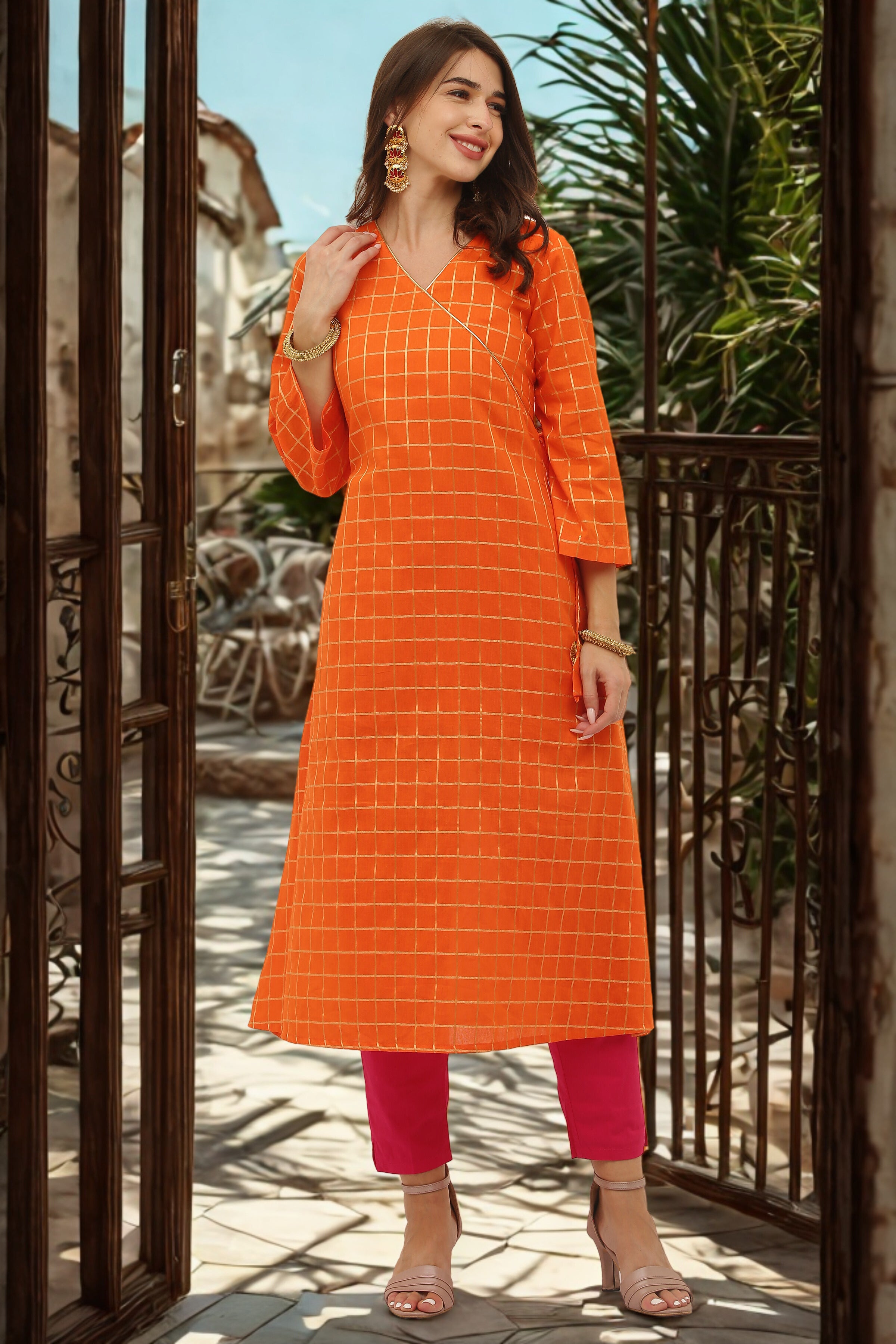 Red Cotton Angrakha Style Kurta
