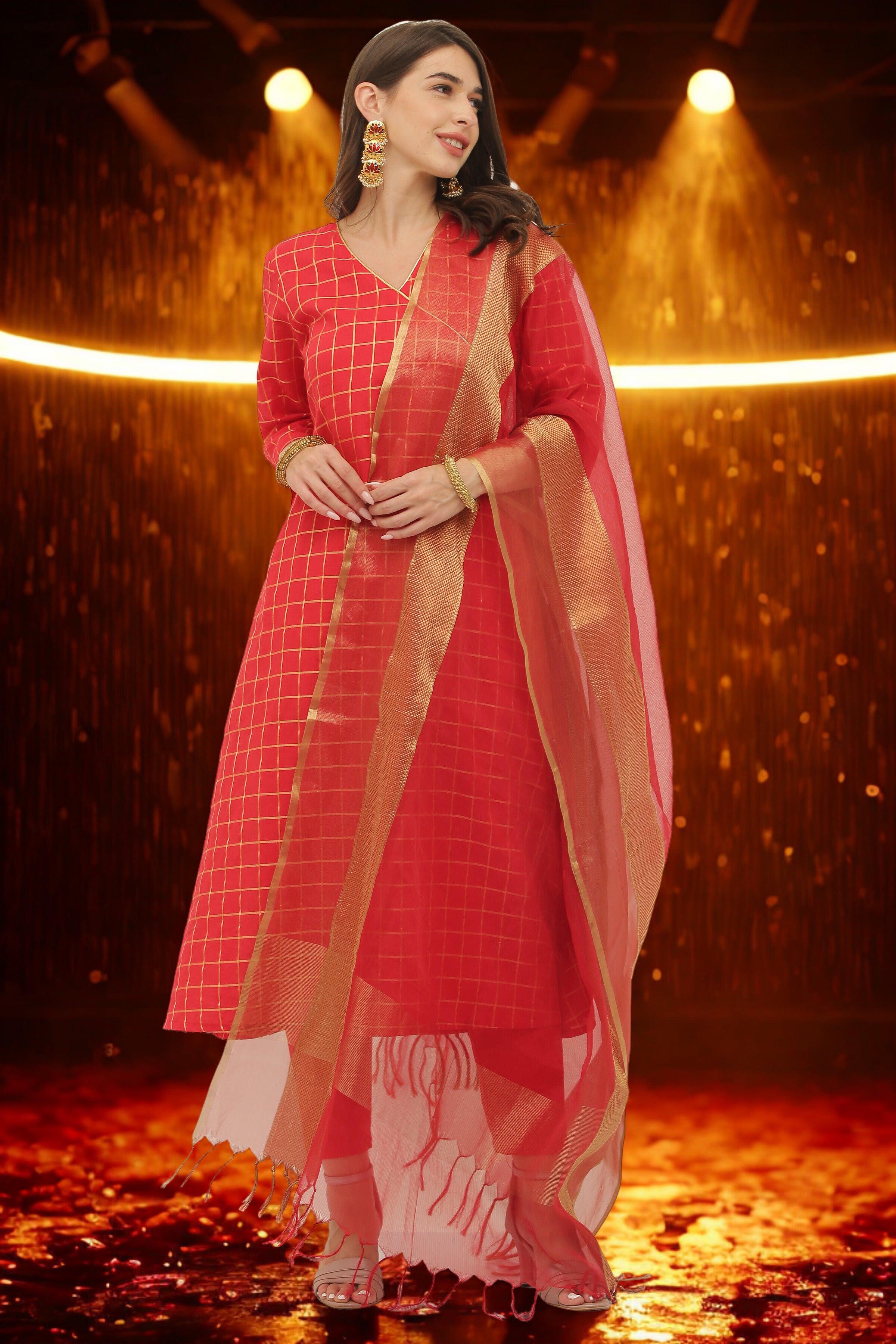 Red Cotton Angrakha Style Kurta