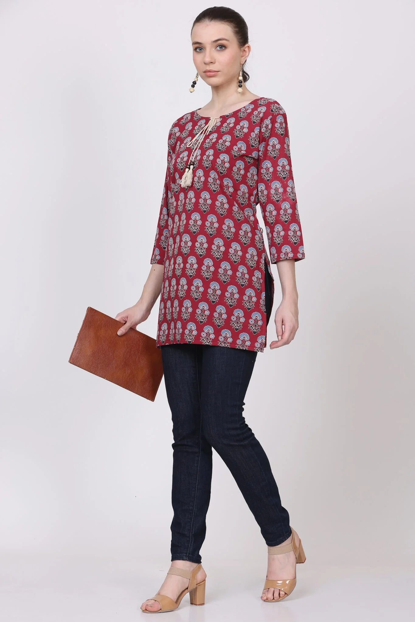 Cotton Reddish Wine Ajrakh Short Kurti