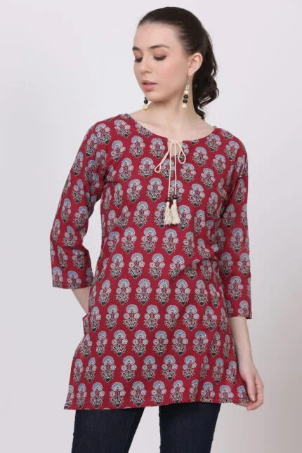 Cotton Reddish Wine Ajrakh Short Kurti