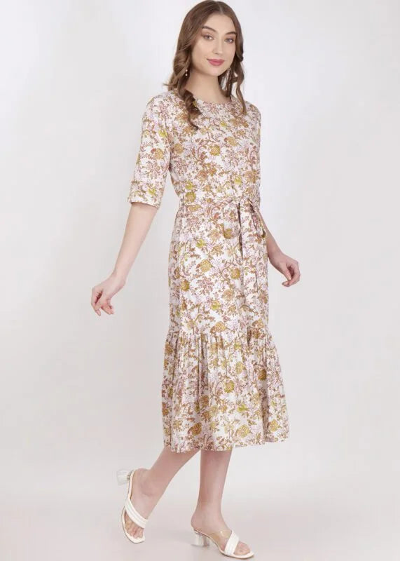 Cotton Mustard Colour Flared Hem Dress