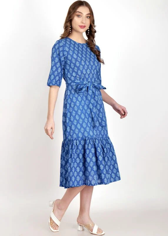 Indigo Flared Hem Cotton Dress