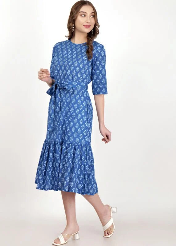 Indigo Flared Hem Cotton Dress