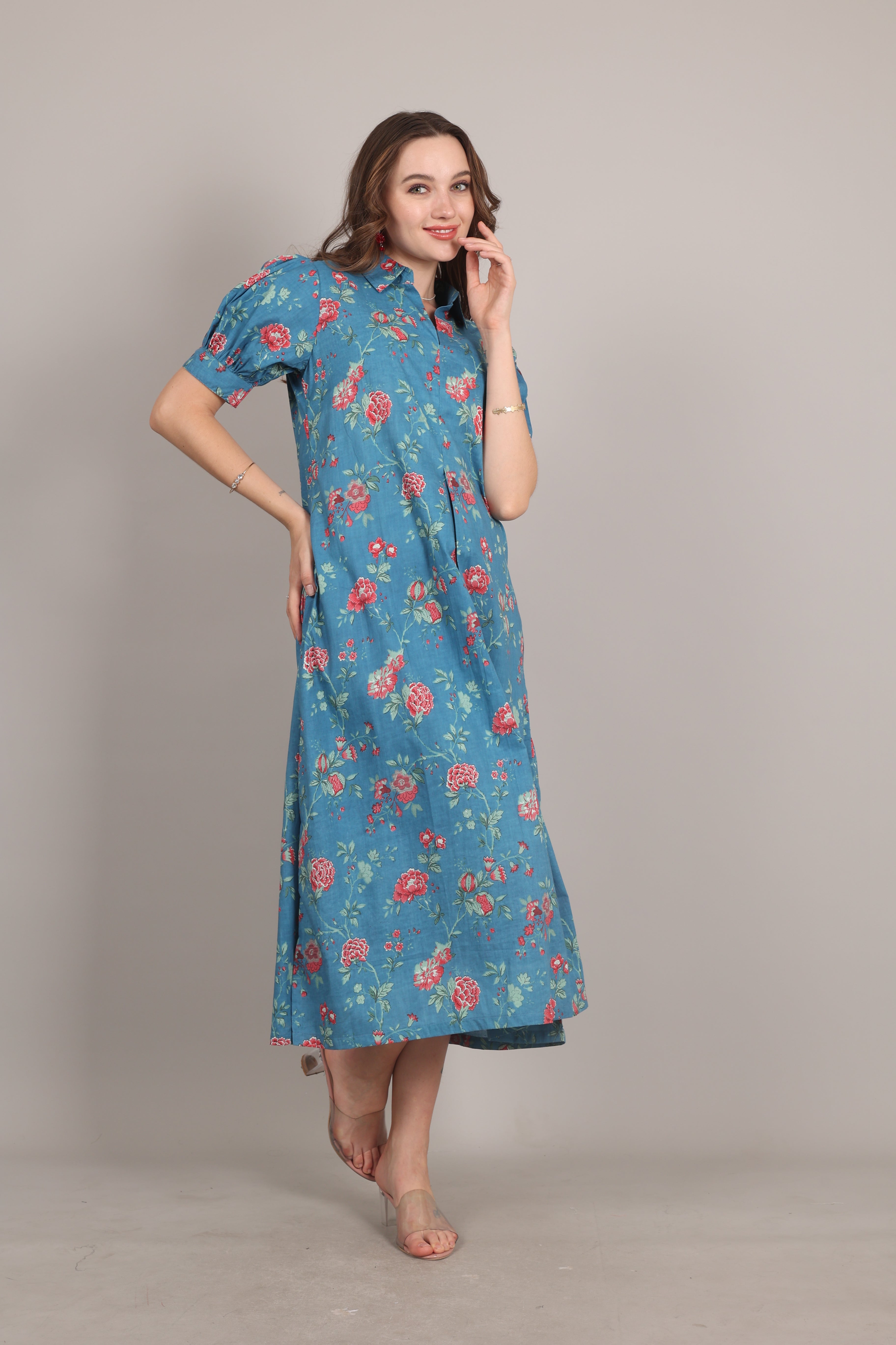 Ink Blue Cotton A-Line Maxi Dress