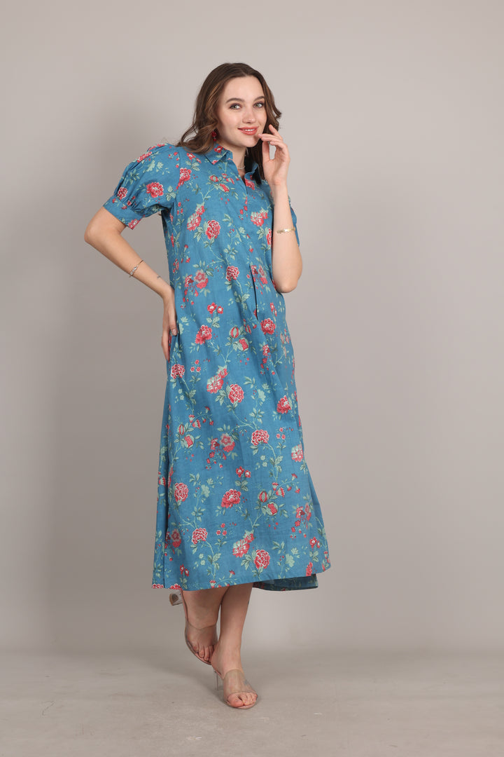 Ink Blue Cotton A-Line Maxi Dress
