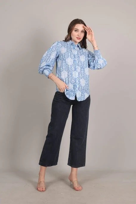 Sky Blue Heritage Print Cotton Shirt