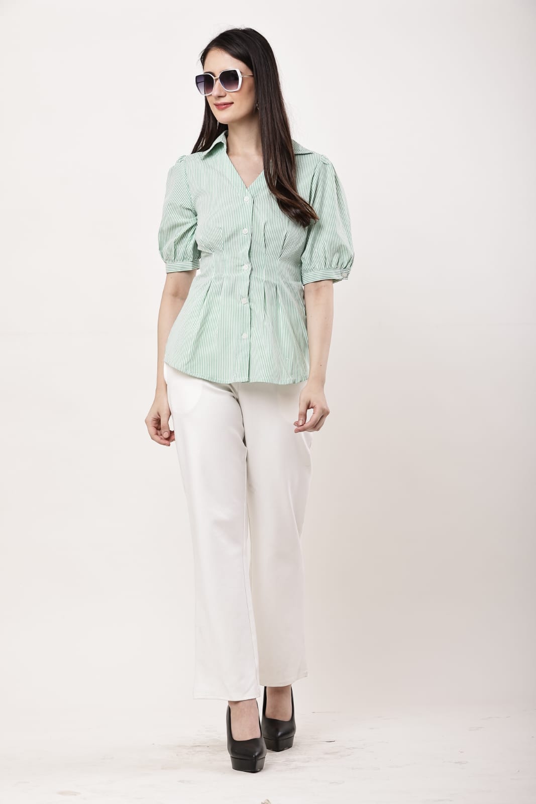 Green Pleated Pure Cotton Top