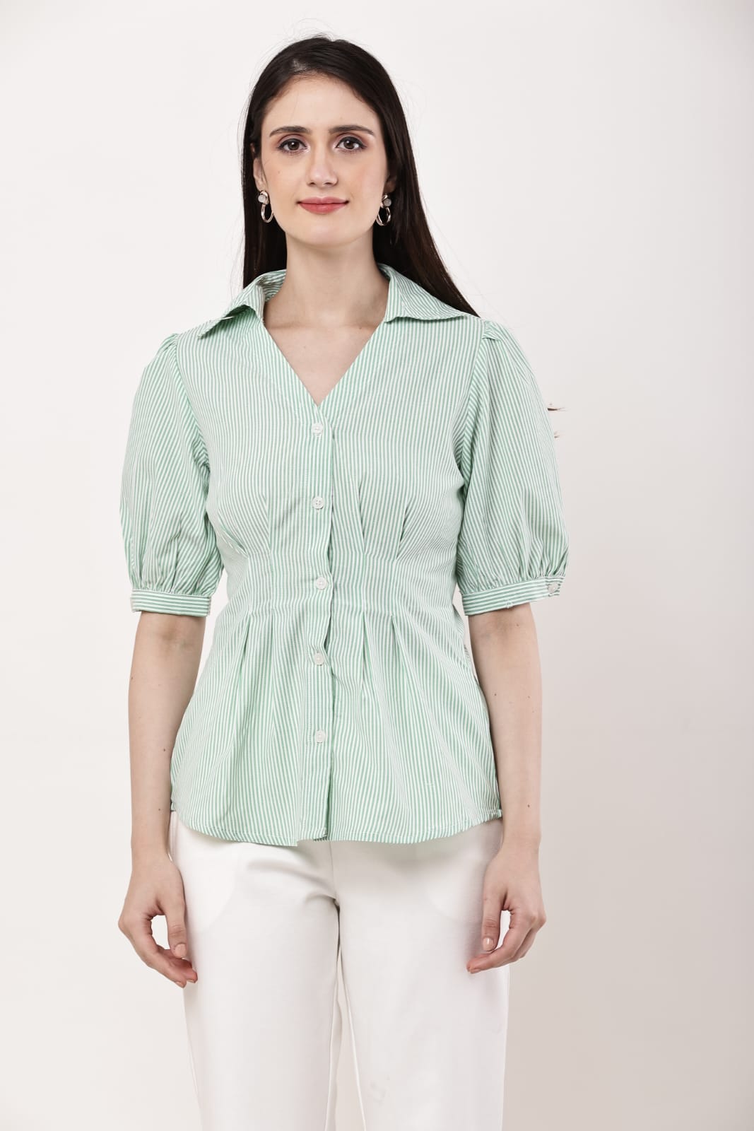 Green Pleated Pure Cotton Top