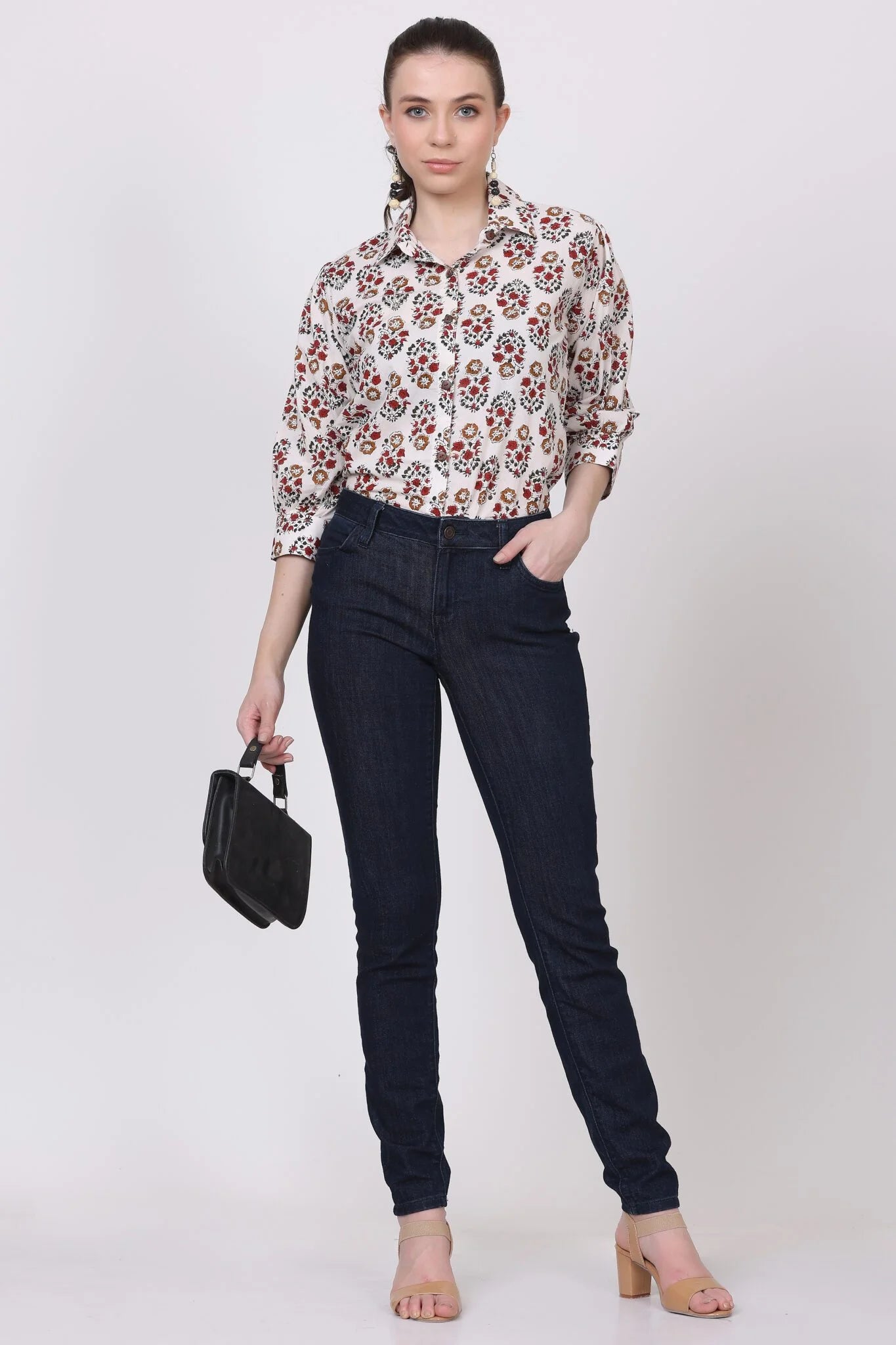 White Kalamkari print Cotton 3/4 Sleeves Shirt