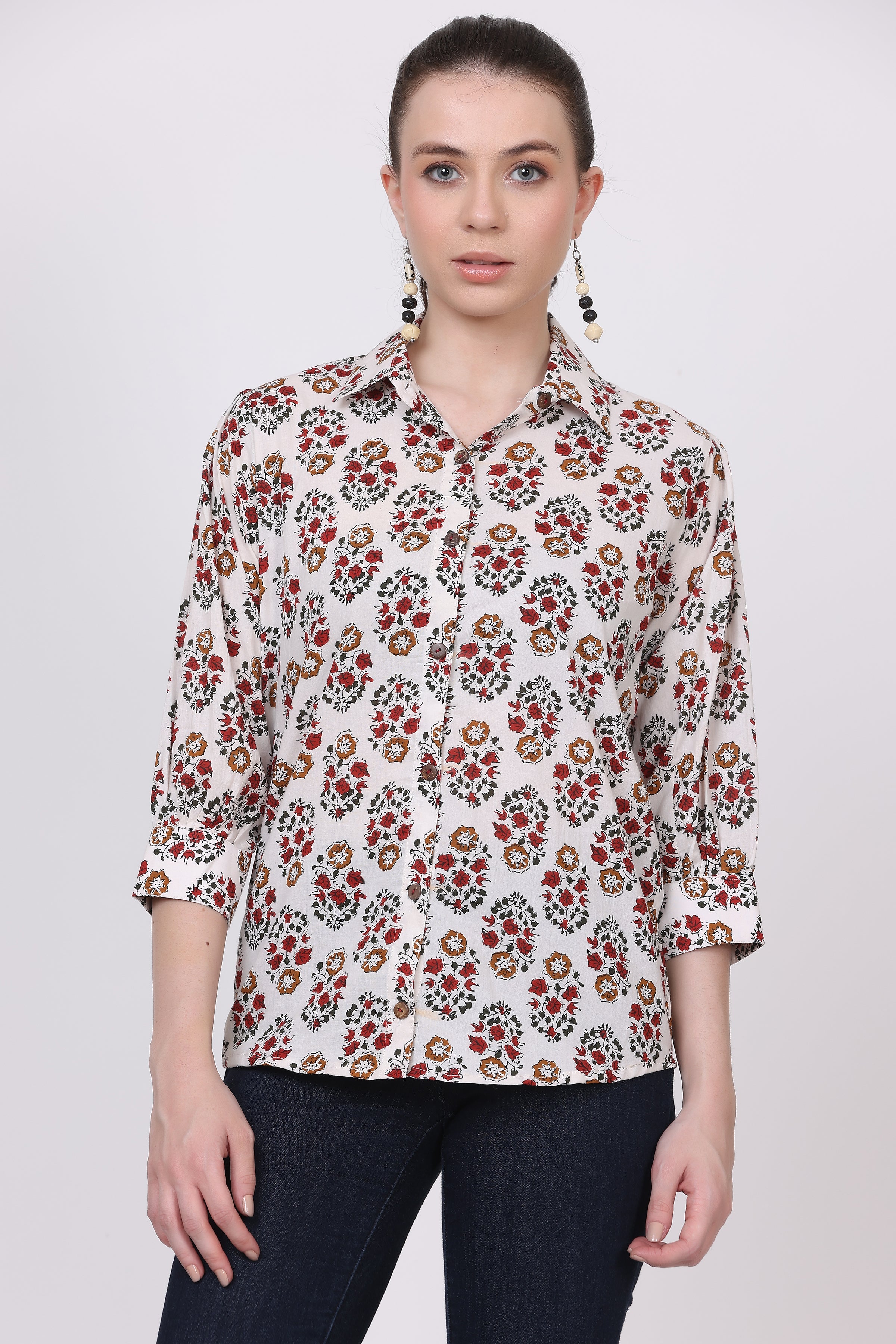 Cotton Shirt with 3/4 Sleeves