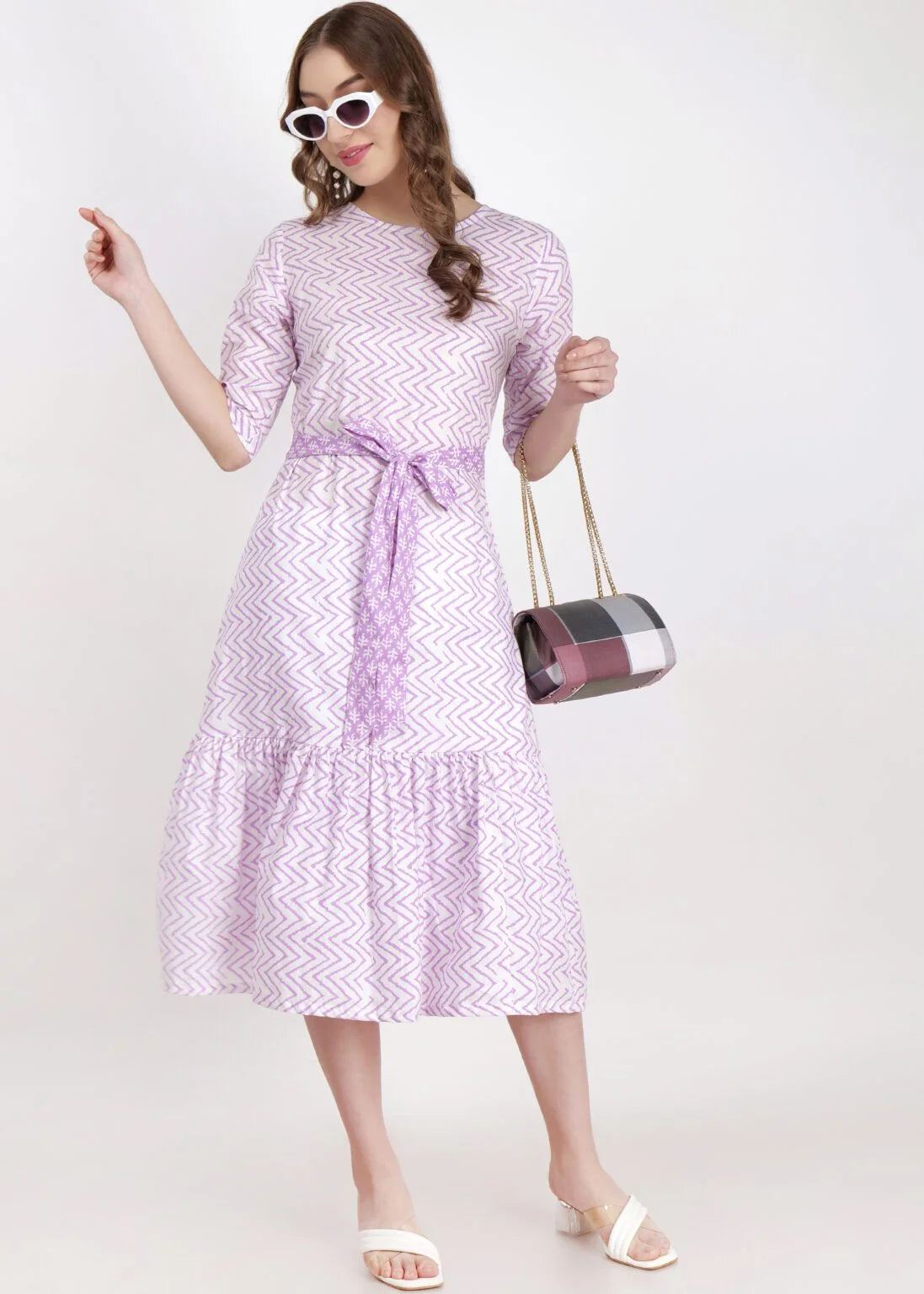 Cotton Neon Purple Flared Hem Length Dress