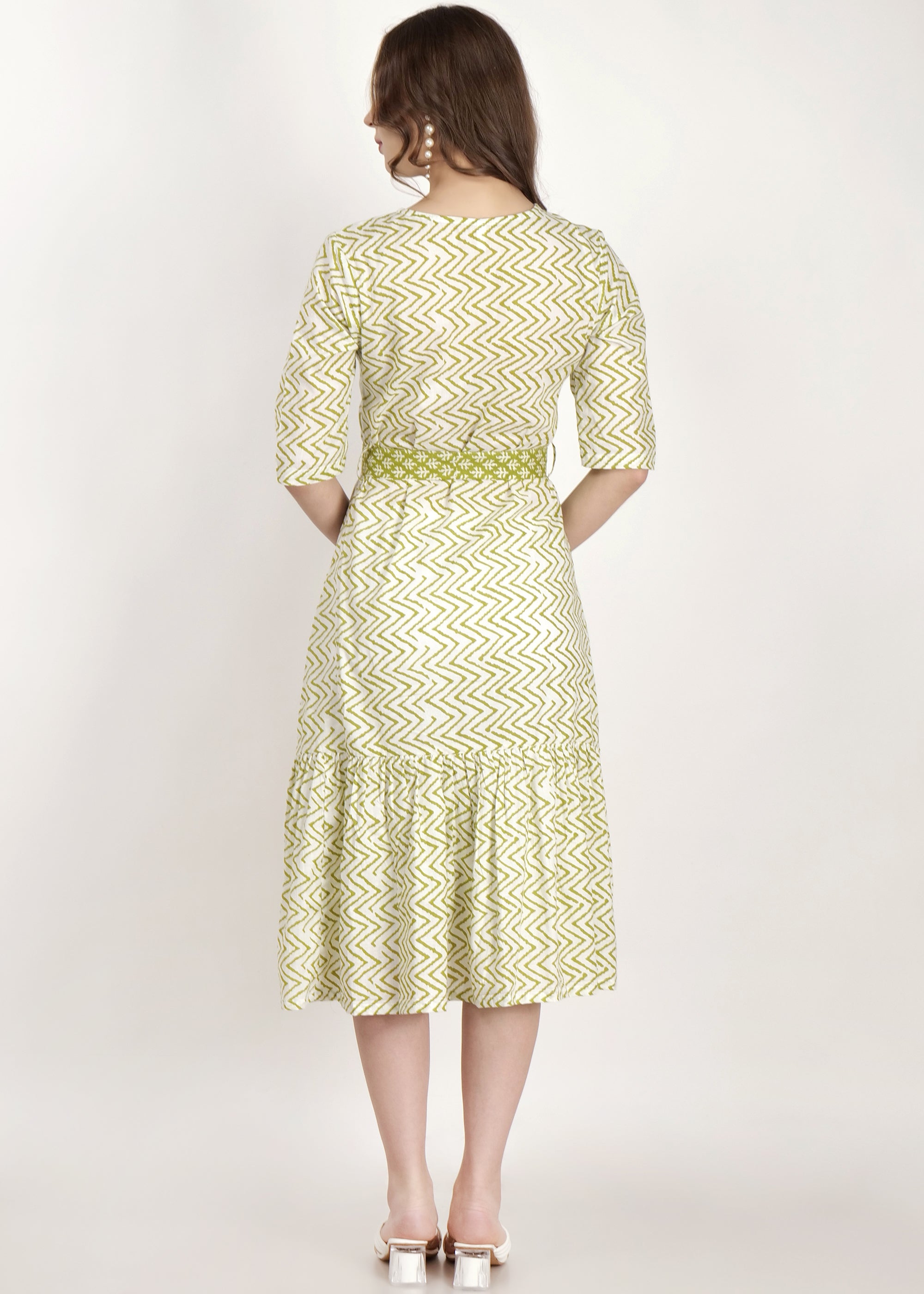 Cotton Zogzag Print Flared Hem Dress