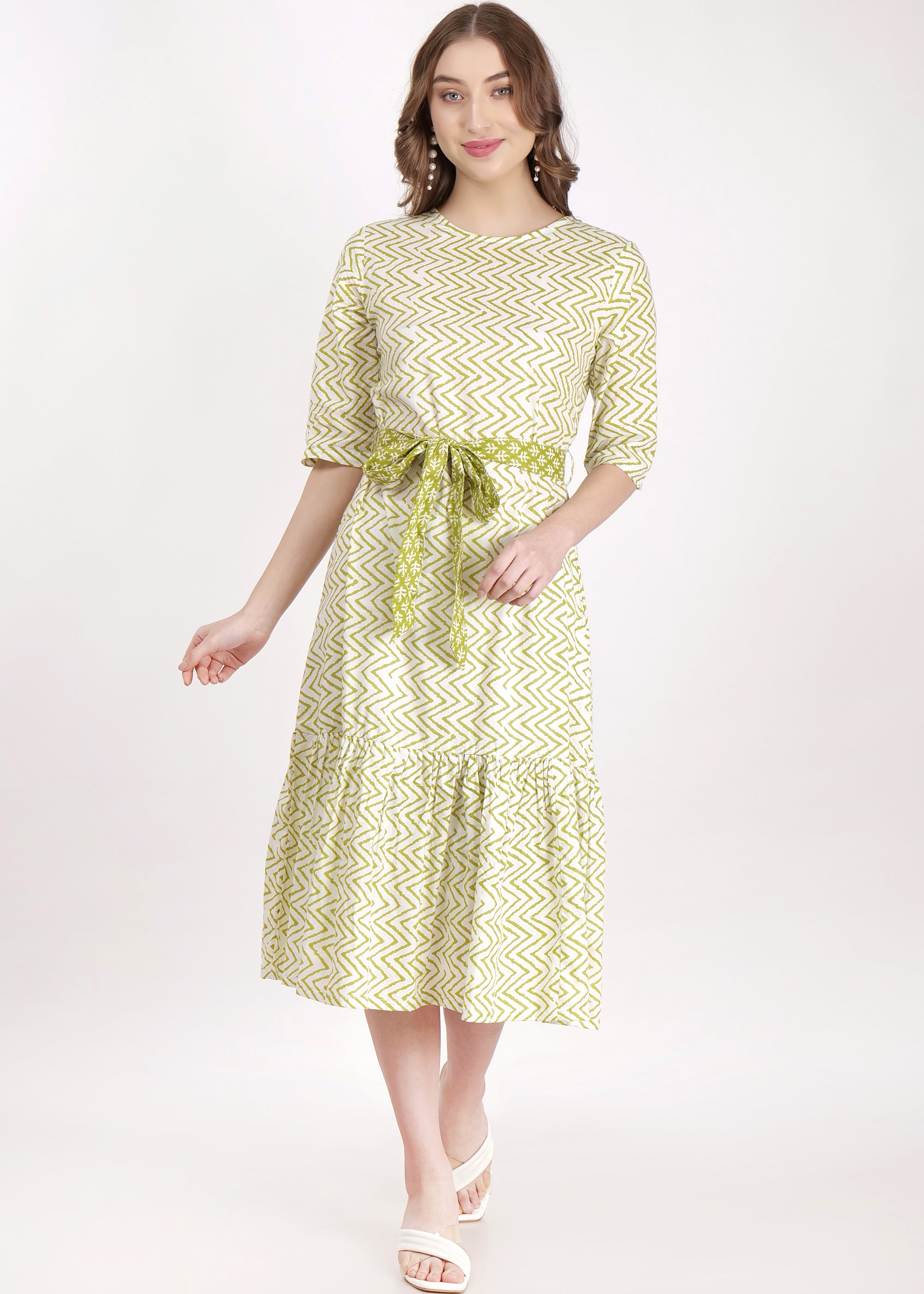 Cotton Zogzag Print Flared Hem Dress