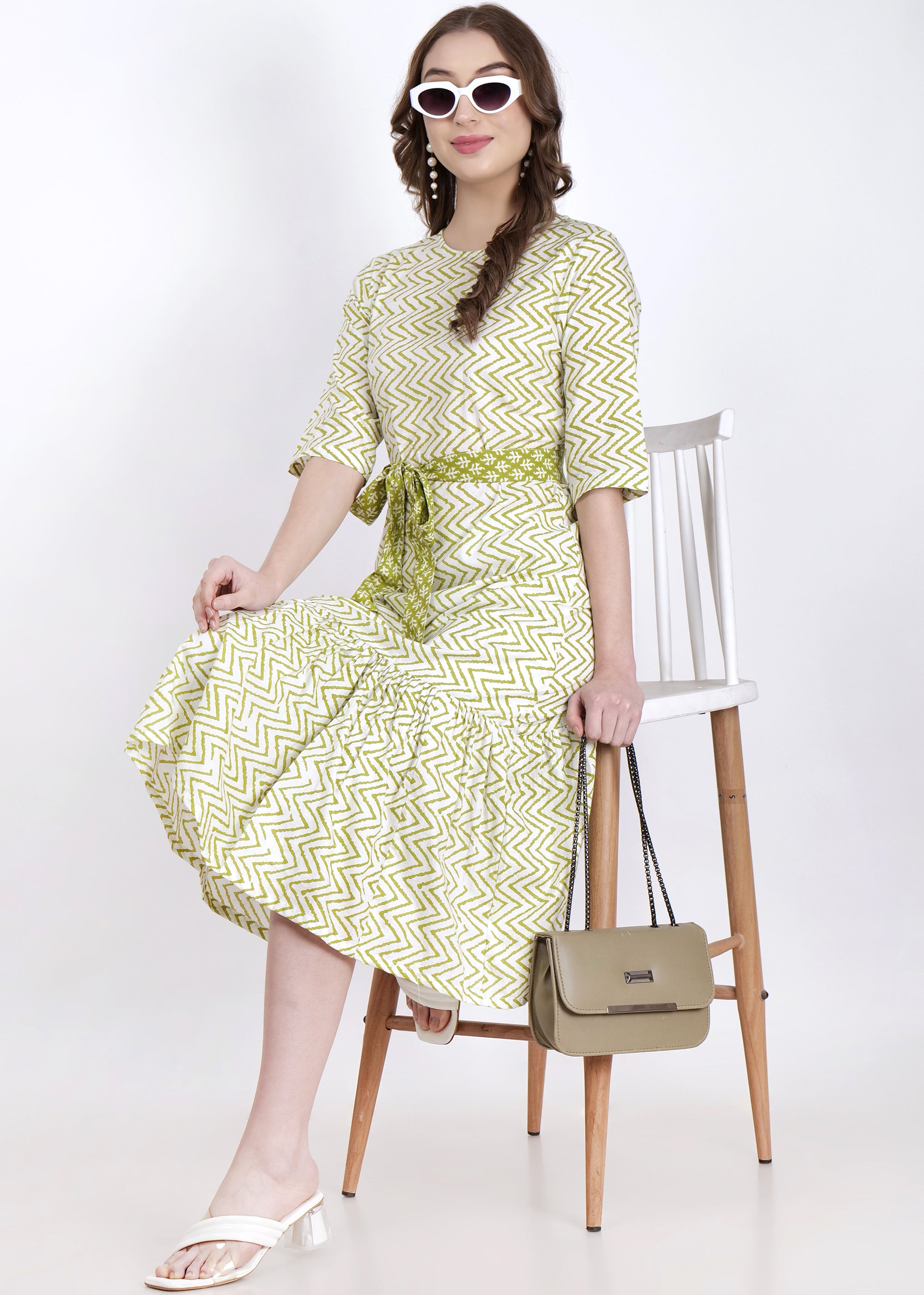 Cotton Zogzag Print Flared Hem Dress