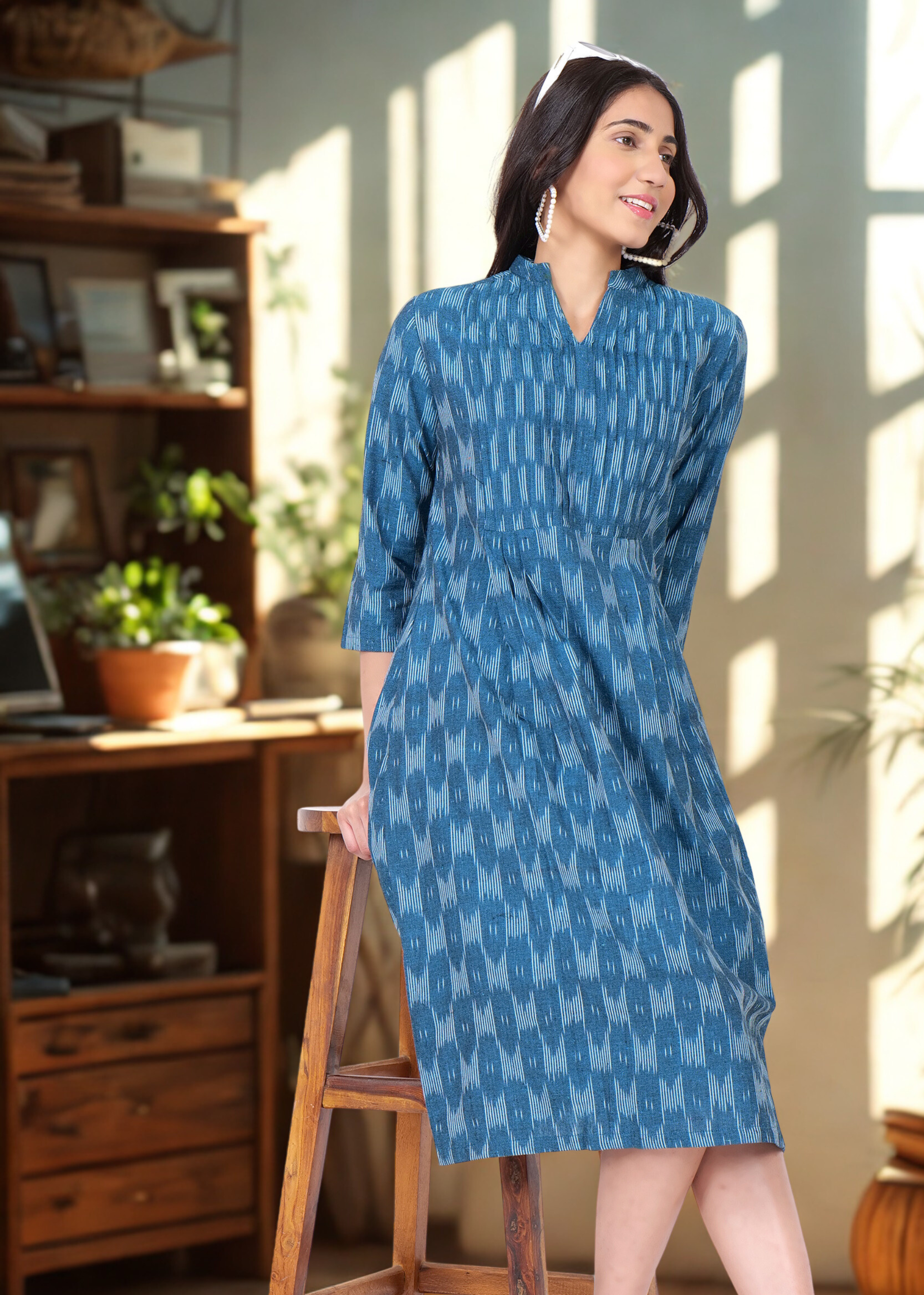 Blue Pintex Yoke Ikkat Cotton Midi Dress