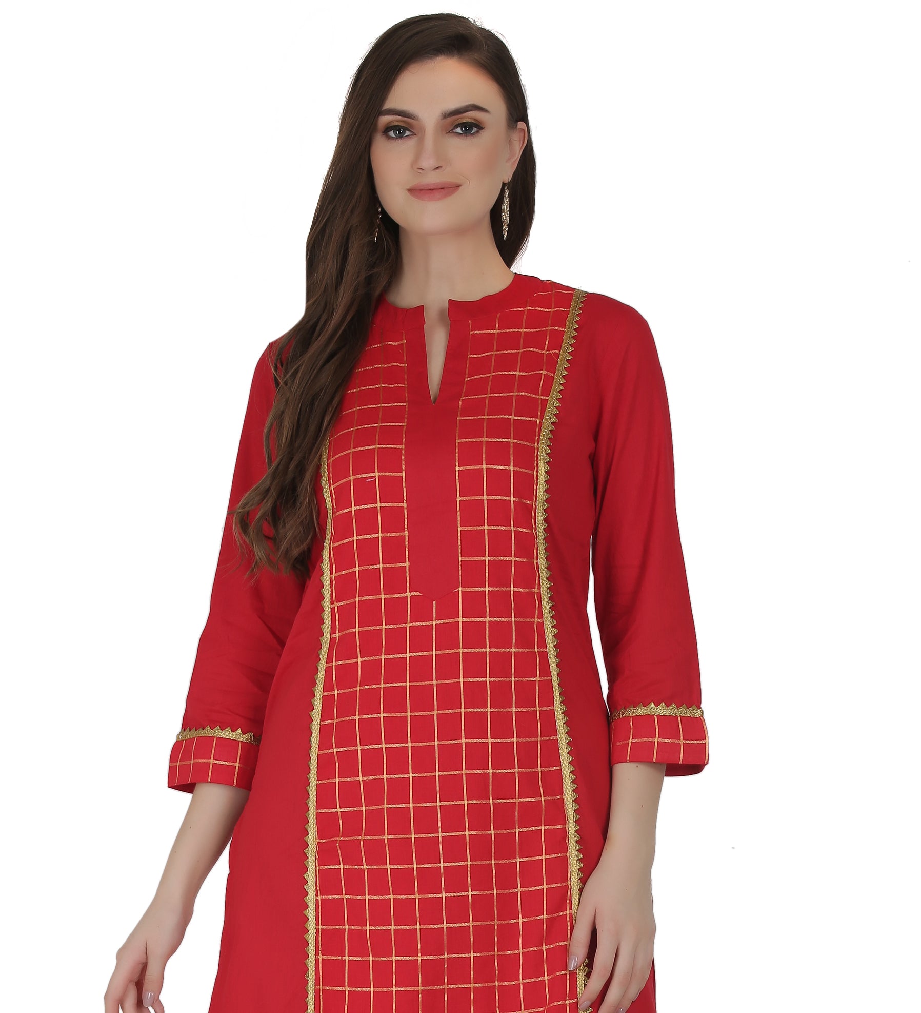 Red Cotton Checkered Straight Kurta