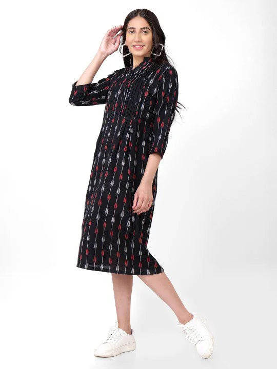 Black Ikkat Pintex Yoke Midi Dress
